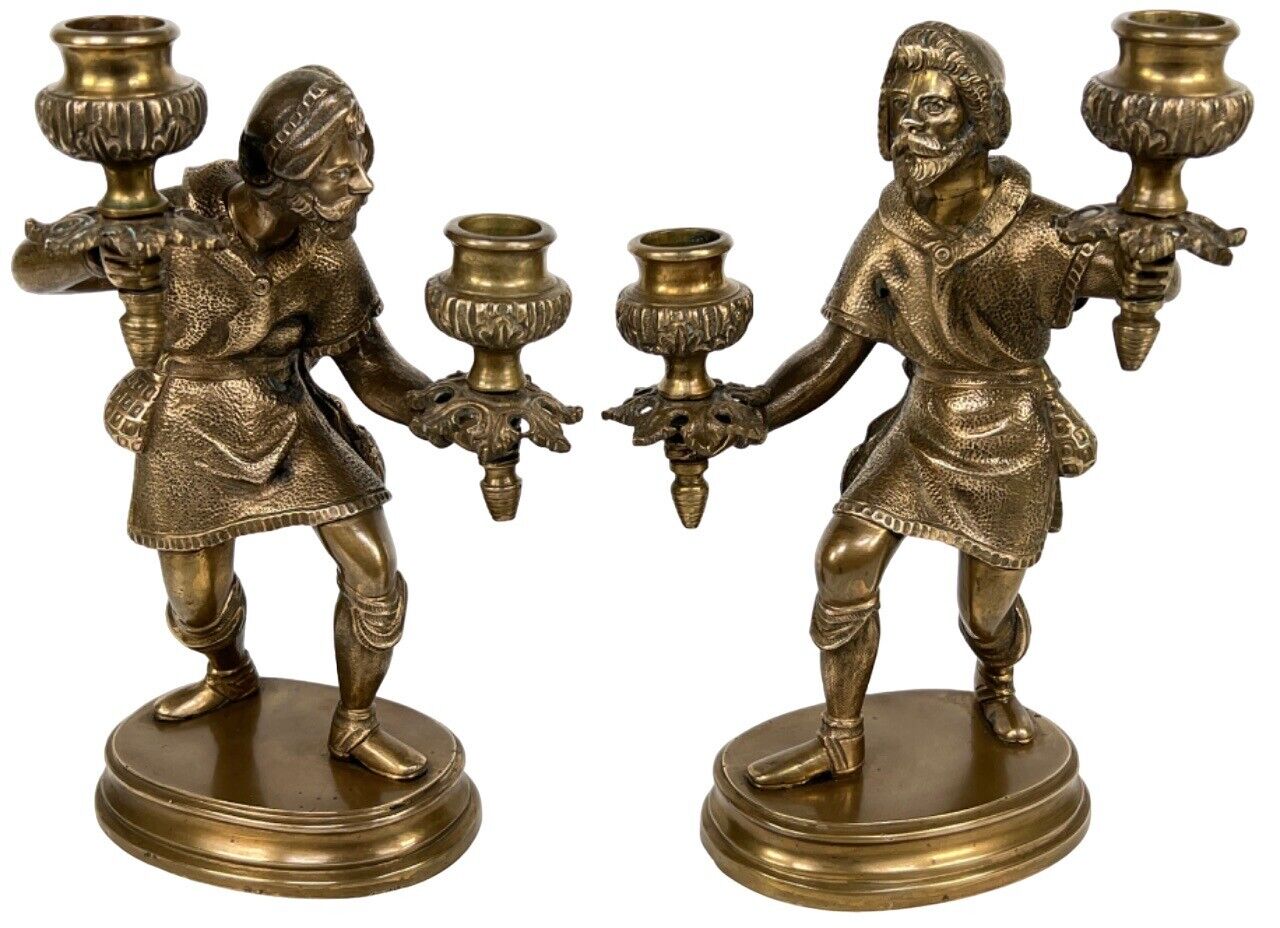 Pair Antique Victorian Musketeer Hunter Figural Neo Gothic Bronze Candlesticks