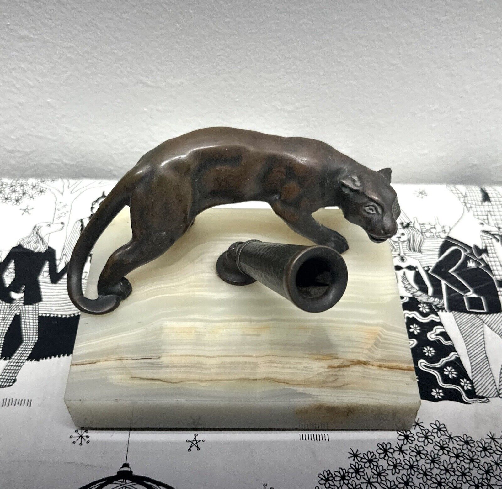 Vintage Art Deco Bronze Panther Marble Swivel Pen Holder Desk Office Big Cat