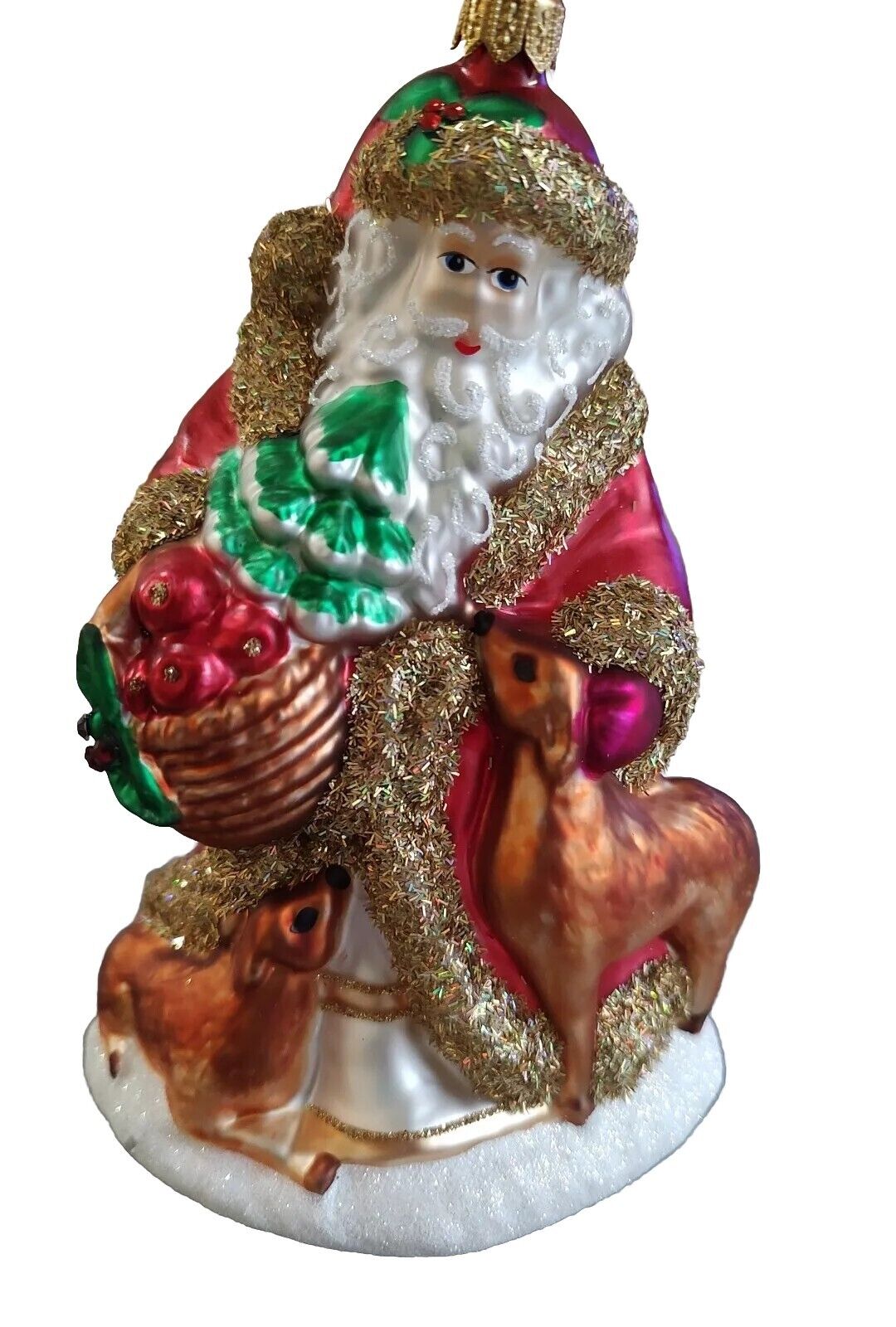Vtg Blown Glass Ornament Old World Santa W/Christmas Tree Basket Apples Deer 7”