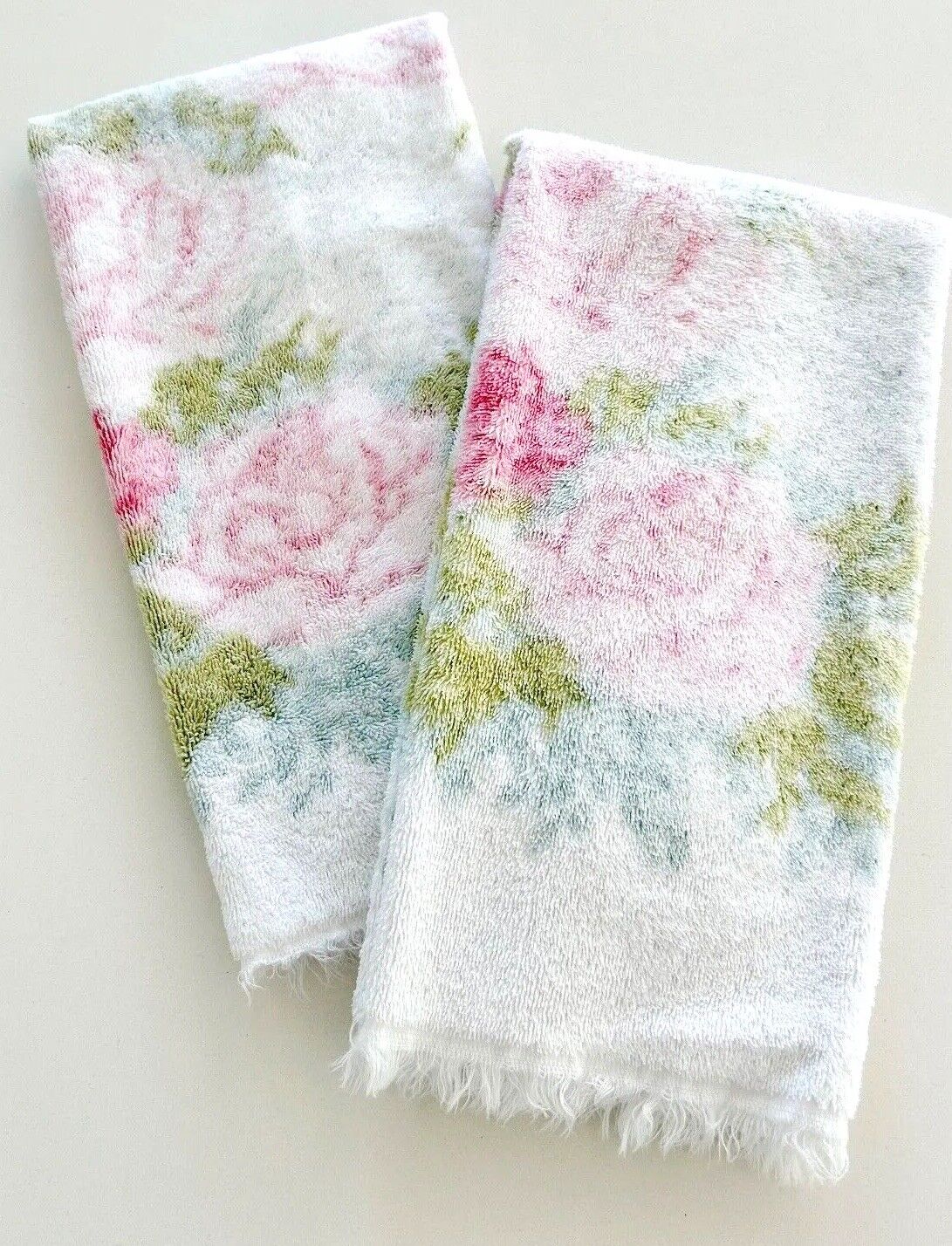Vintage Fieldcrest SET of 2 Floral Hand Towels White/Pink Rose 100% Cotton