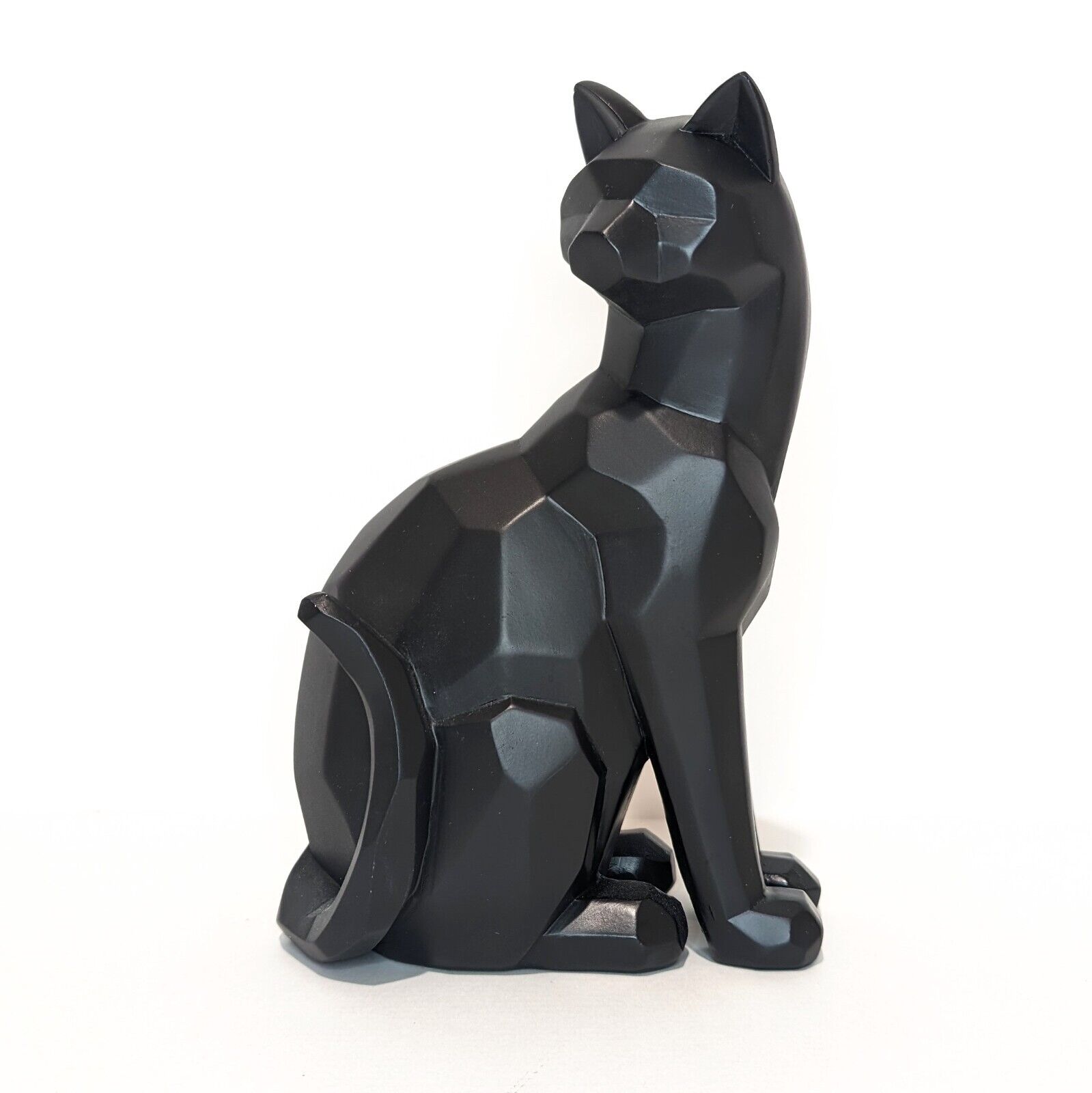 Carved Angle Sitting Wooden Black Cat Statue 