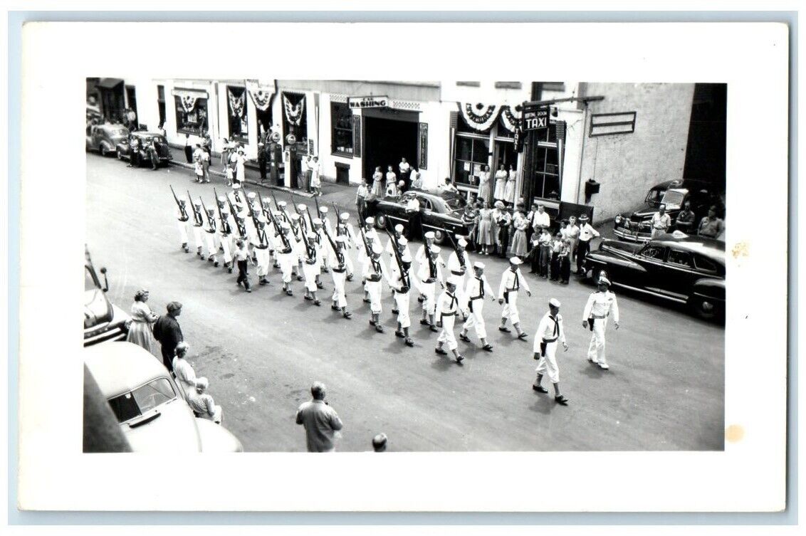 c1950's US Navy Patriotic Main Street Parade Belfast ME RPPC Photo Postcard