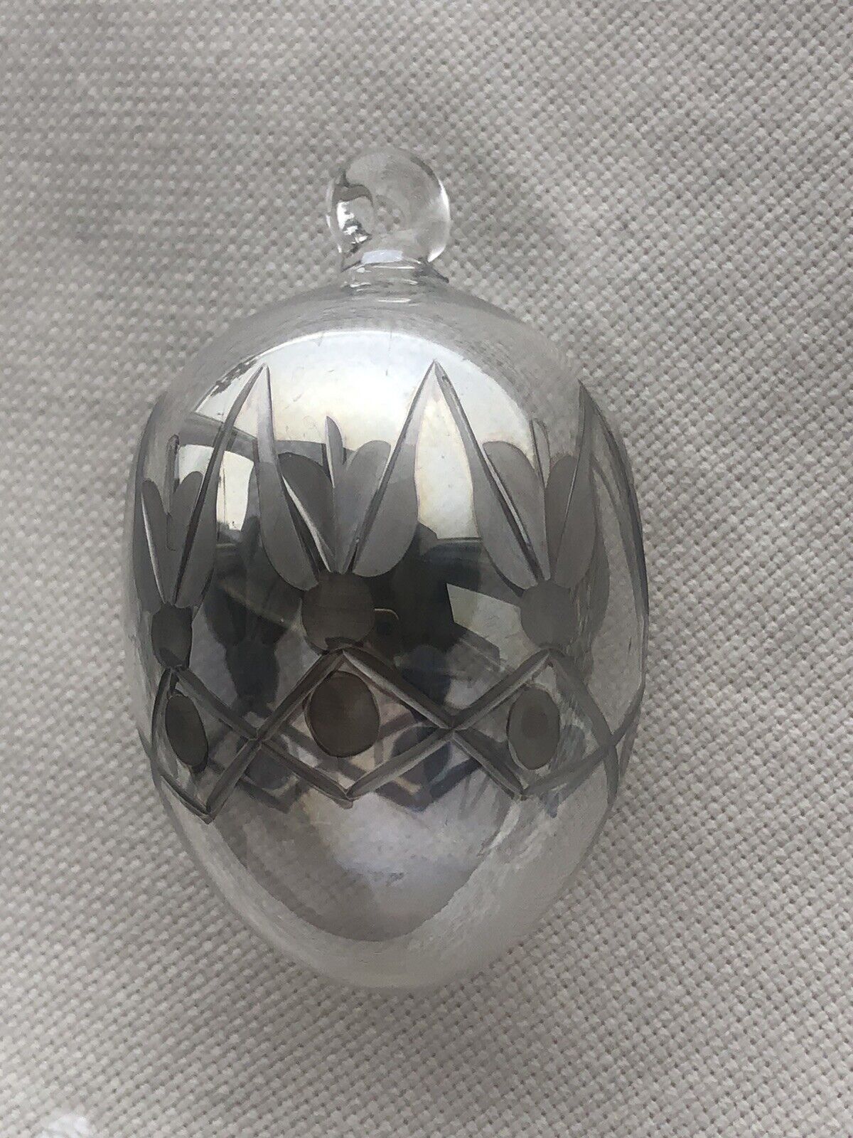 Vtg Hand Blown Etched Mirrored Oval Glass Ornament 3” EVC