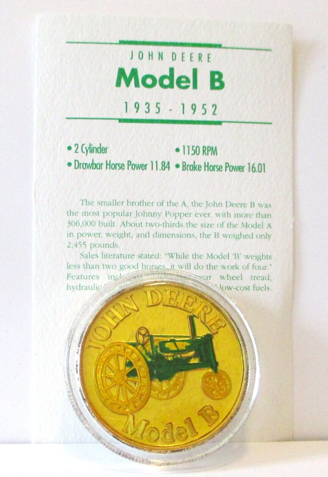 John Deere Silver Round Coin  1 oz  .999  Fine Gold Colored  jd Model B Tractor