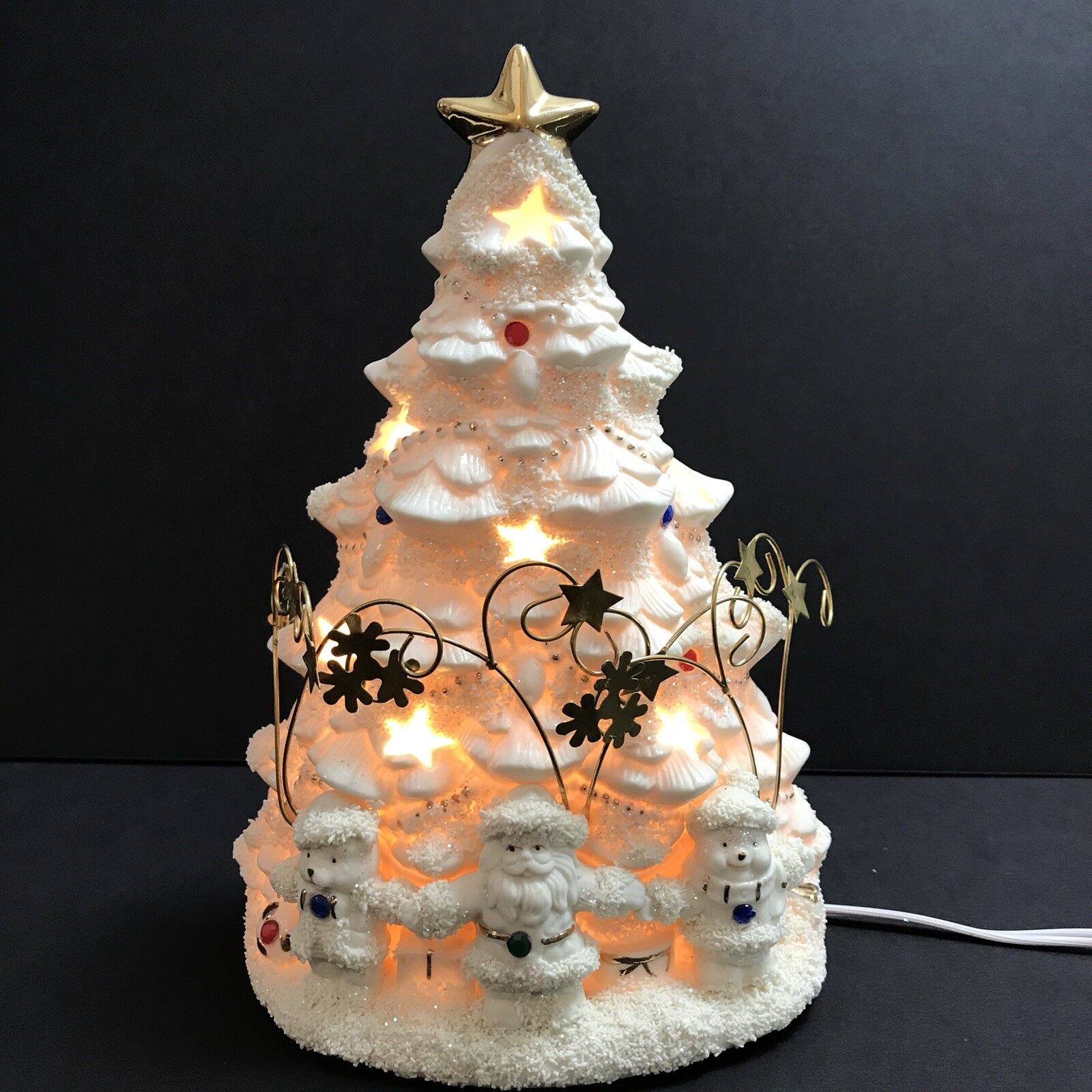 White Ivory Lighted Christmas Tree Gold Trim Santa Snowman Teddy Bear 8”
