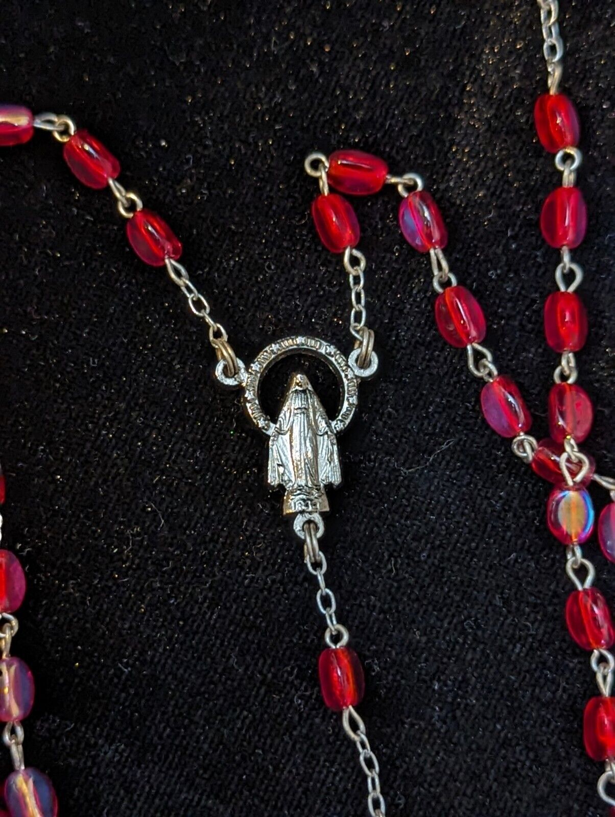 Vintage Italian Silver Ruby red rosary necklace Inri Crucifix & Mary Beaded
