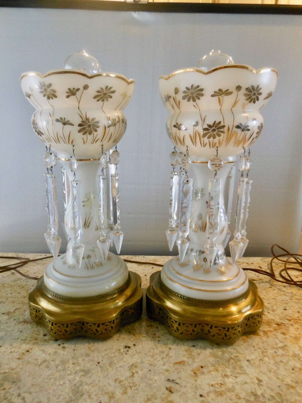 Antique Pair (2) of German Lustre Ware Mantle Lamps ~ White/Gold/Silver w/Prisms