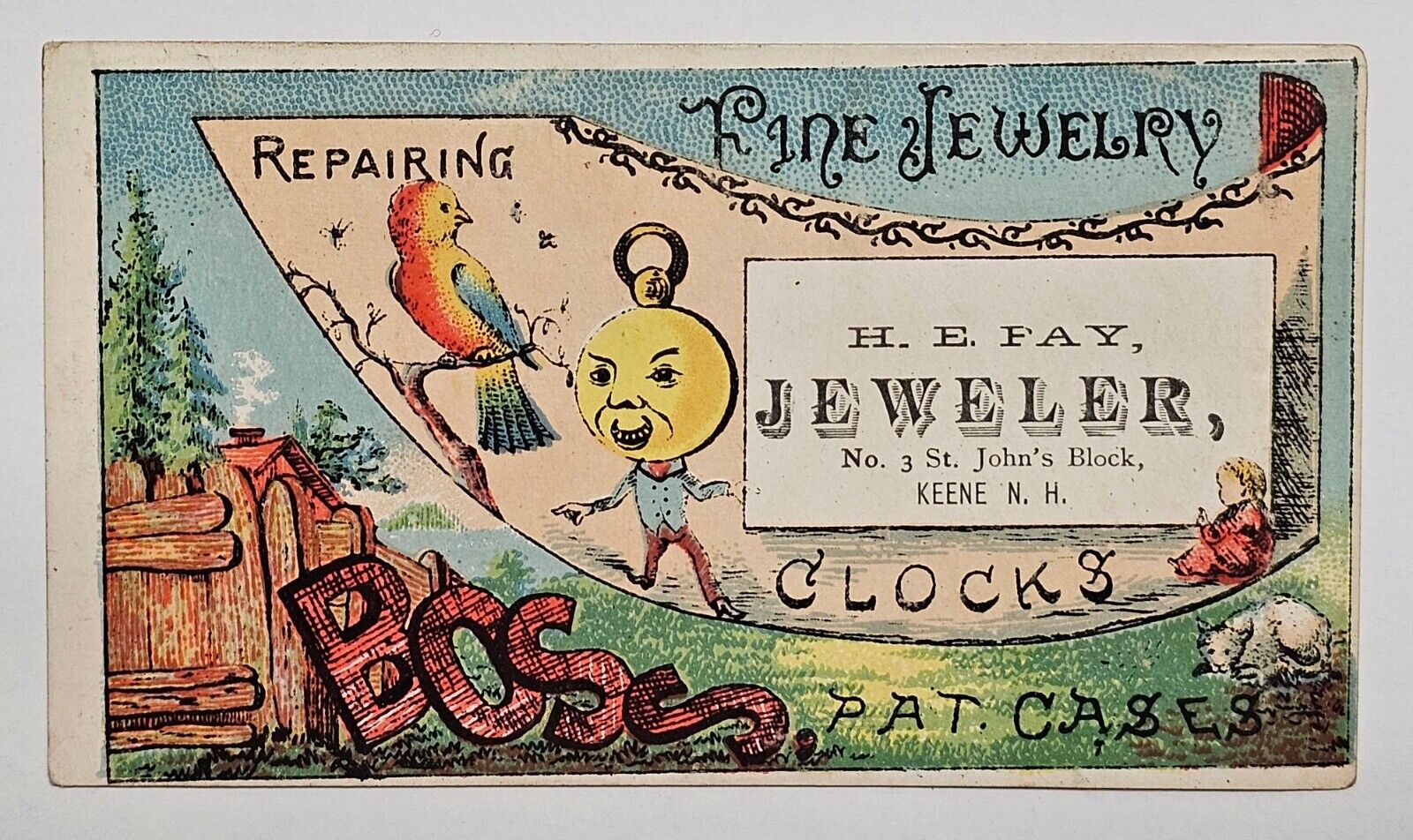 VICTORIAN JEWELERS TRADE CARD BOSS POCKET WATCH CASES H.E. PAY KEENE NH
