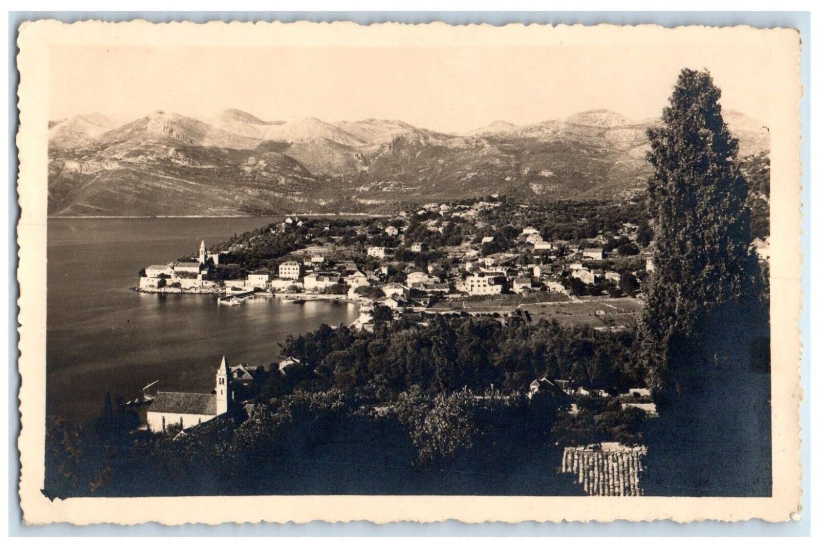 1935 General View of Buildings Mountains River Yugoslavia RPPC Photo Postcard