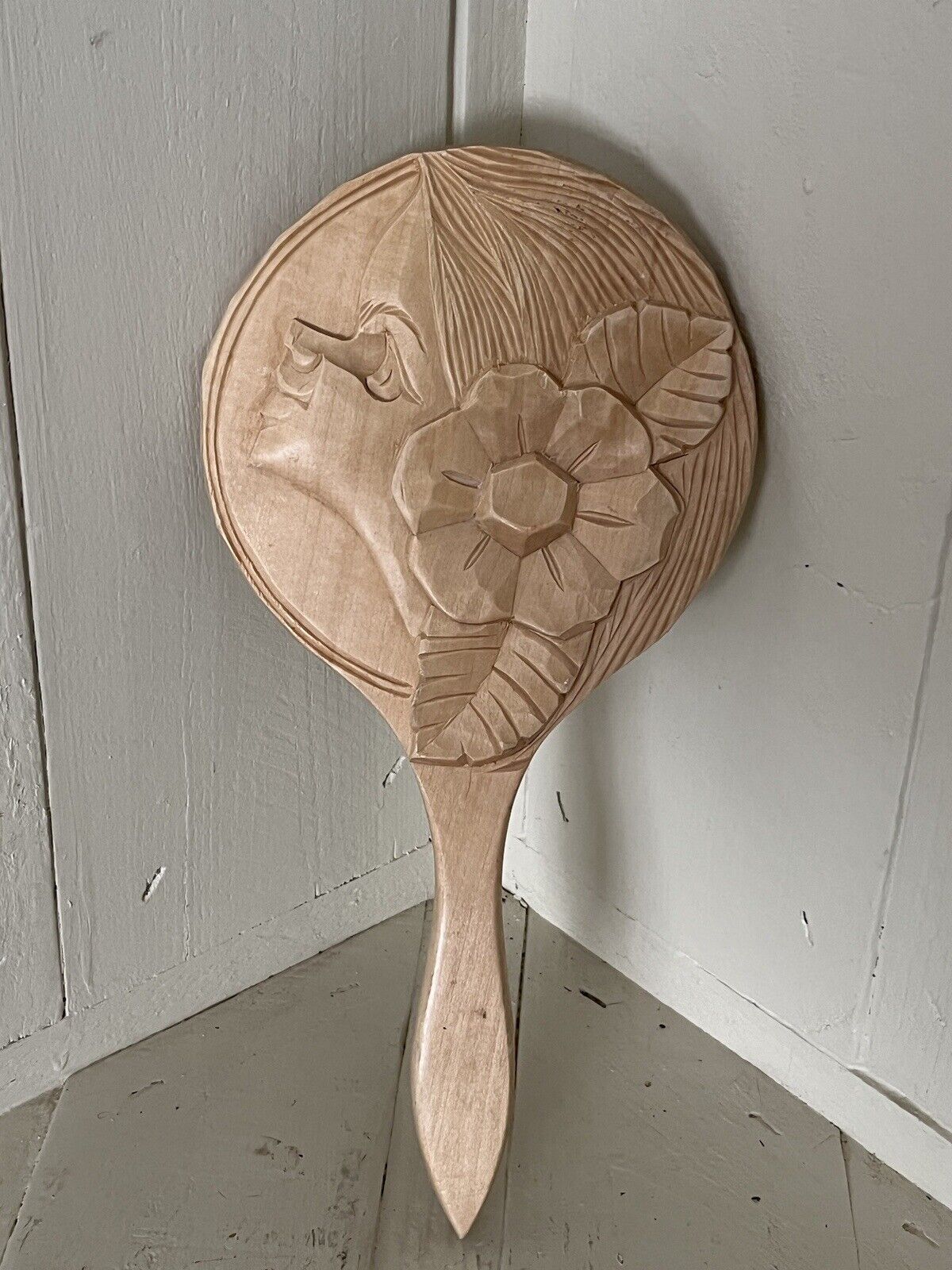 Carved Wooden Hand Mirror Woman With Flower