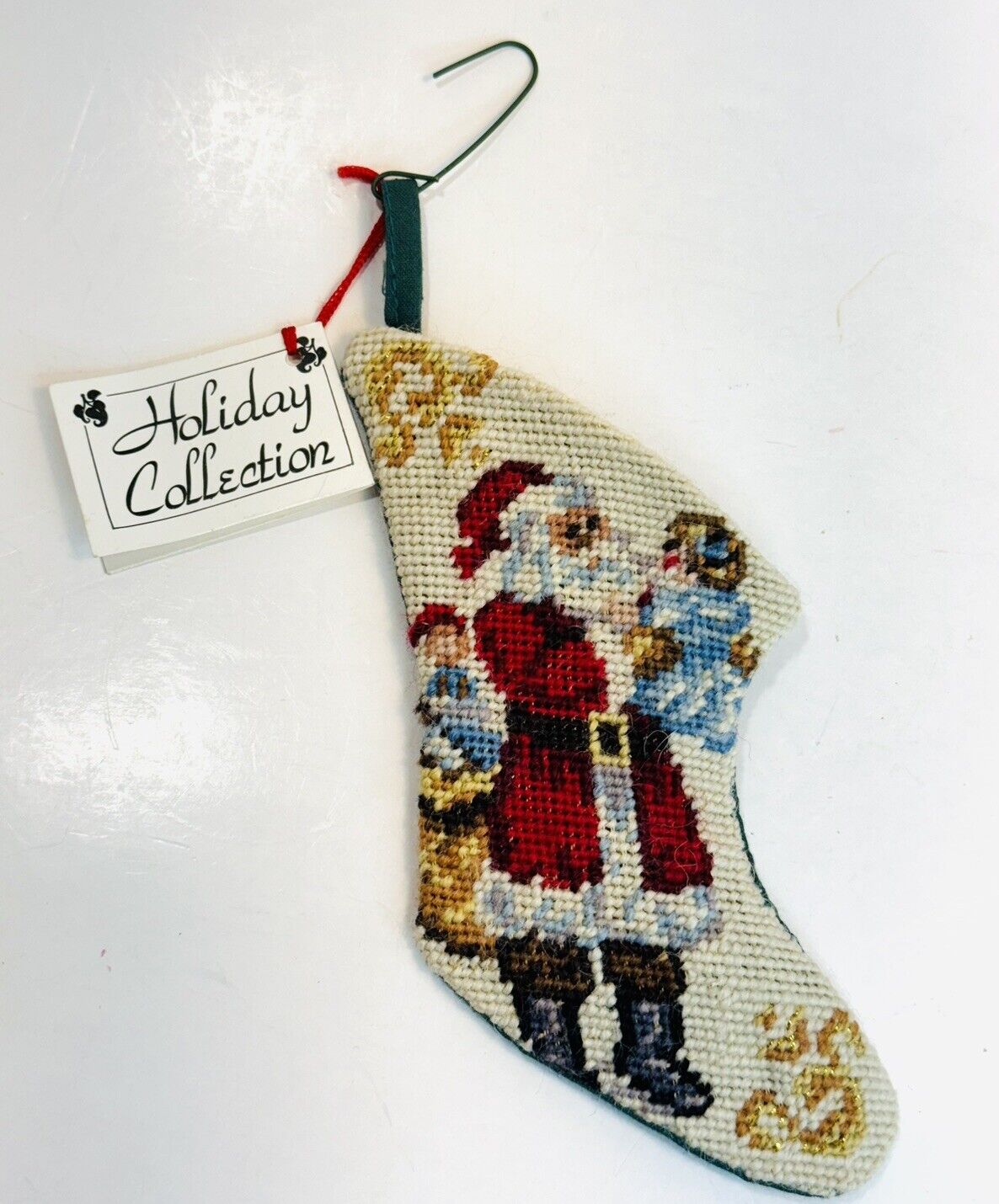 Vintage Miniature Santa Needle Point Christmas Stocking Ornament
