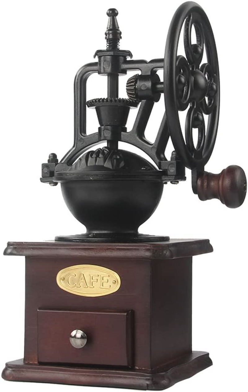 Antique Cast Iron Manual Coffee Grinder - Hand Crank, Grind Settings, Catch Draw