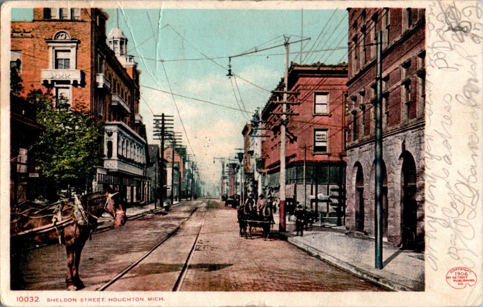 Sheldon Street, Horse and Carriage, Houghton, Michigan MI Postcard