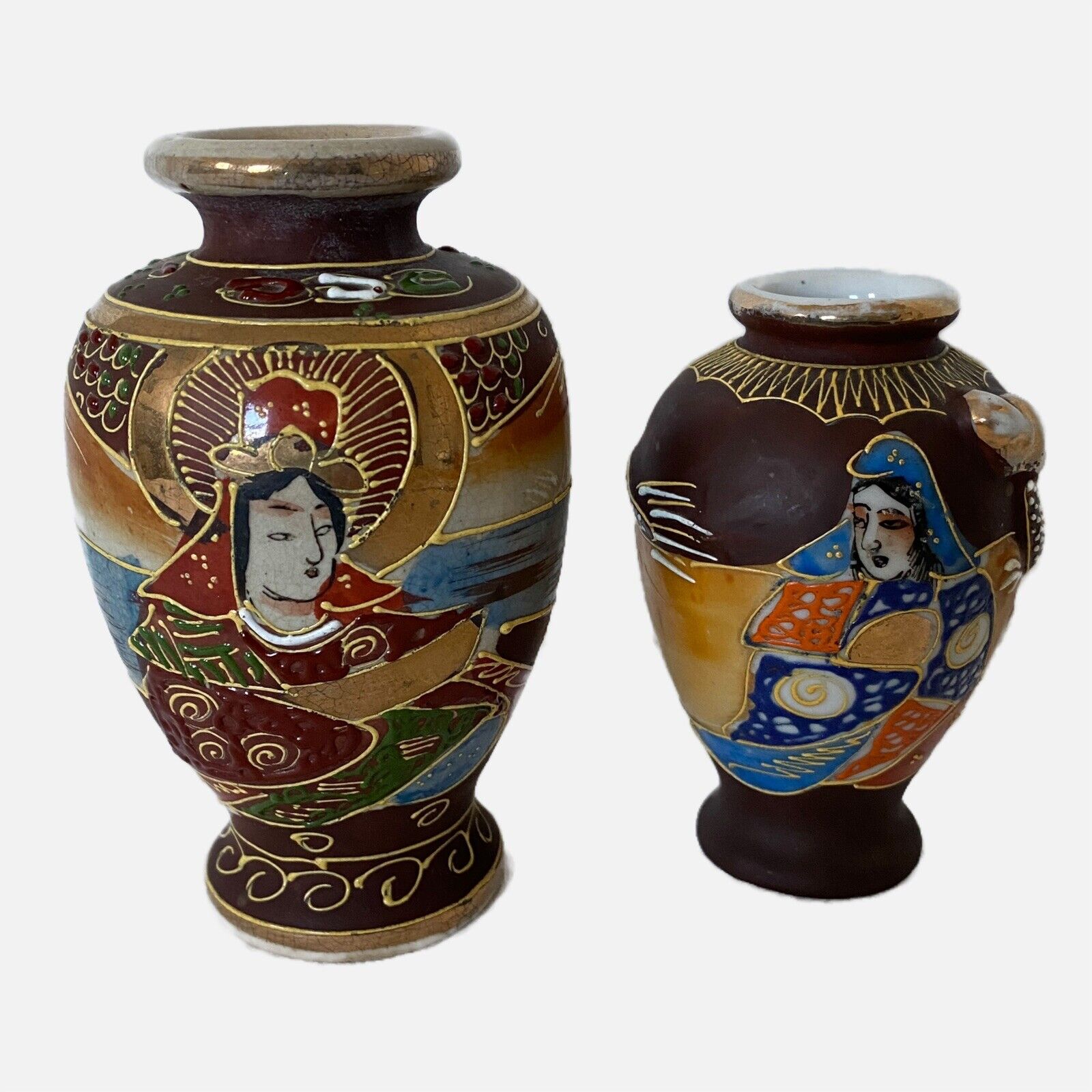 Set 2 Vintage Japan Porcelain Moriage Vases Hand Painted Gold Gilt Pottery
