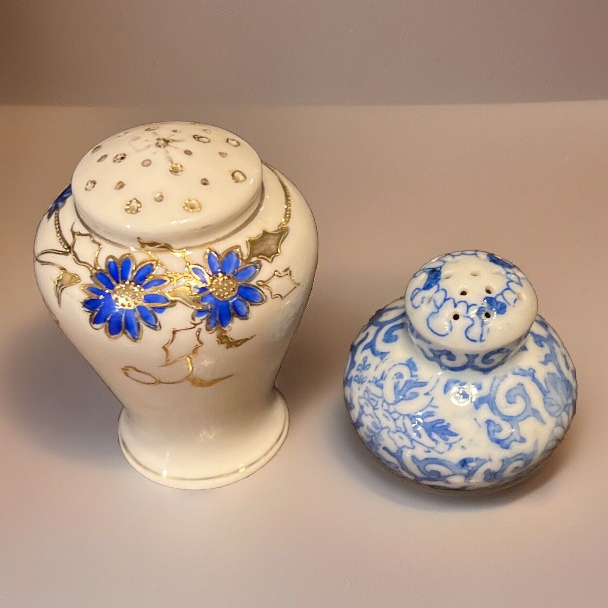 Antique Rare Hand-painted Salt and Pepper Shakers, One Porcelain And One Japan