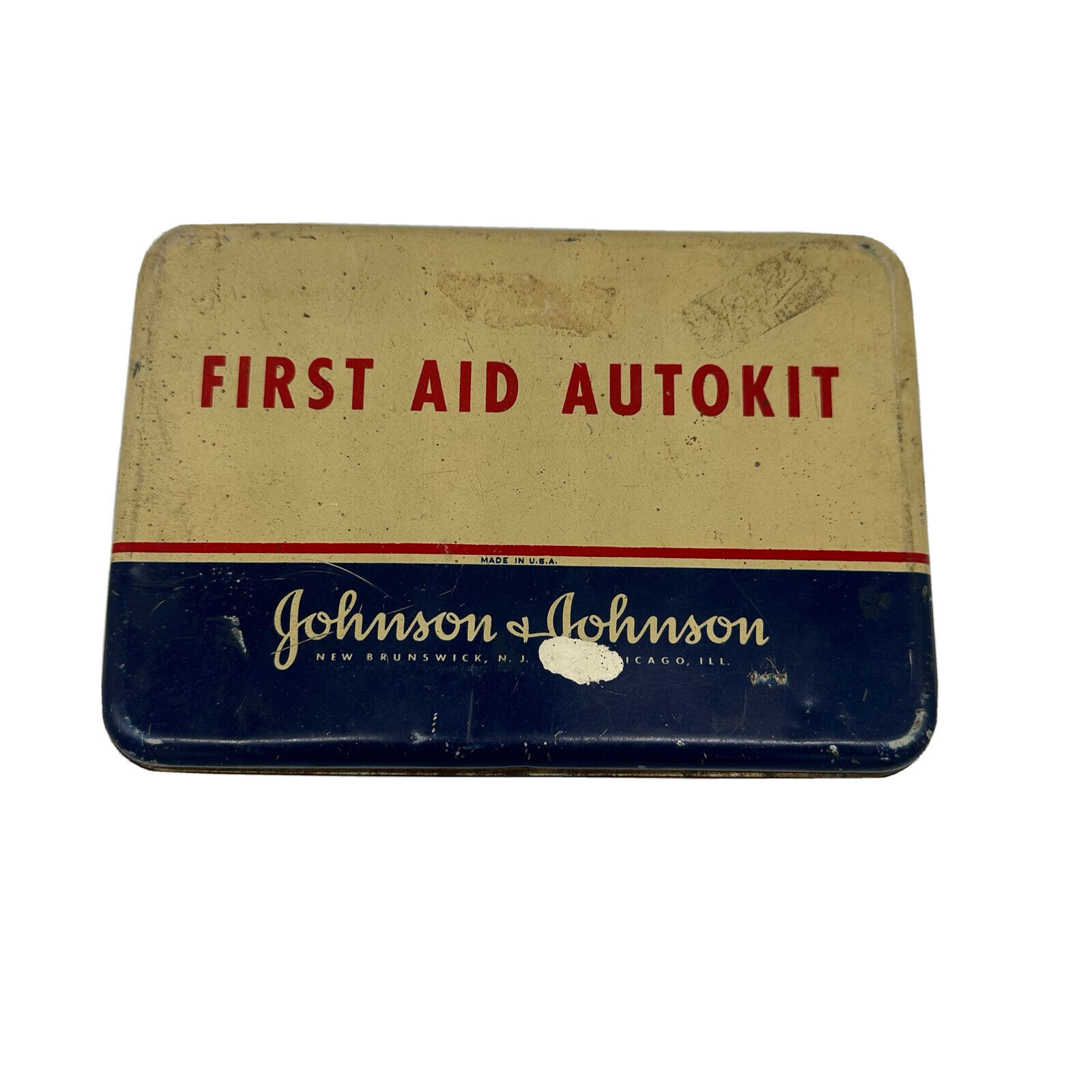 Vintage Johnson & Johnson First Aid Kit Autokit with Contents Scissors USA Made