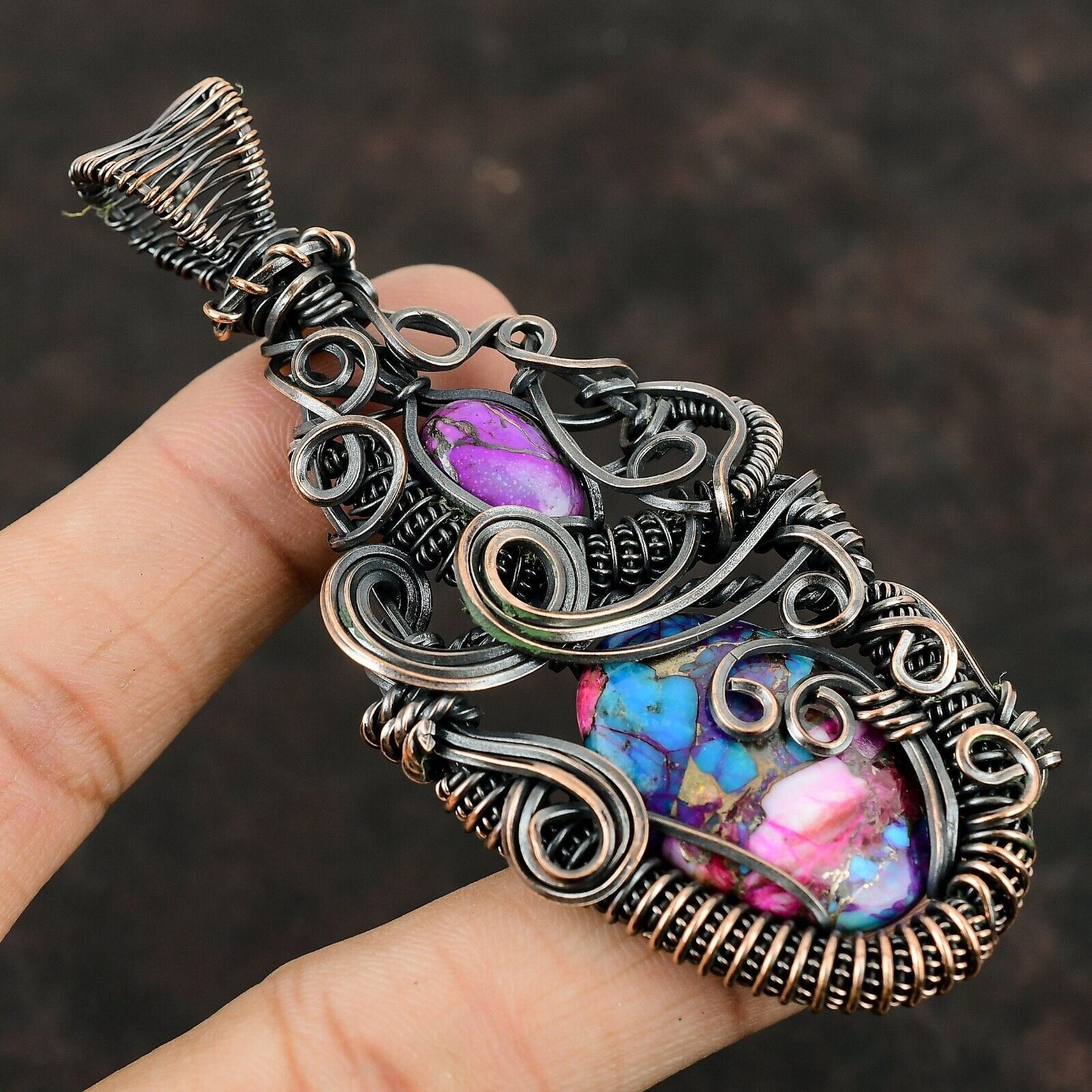 Kingman Pink Dahlia Turquoise Gems Copper Wrapped- Made by Real Witches in INDIA