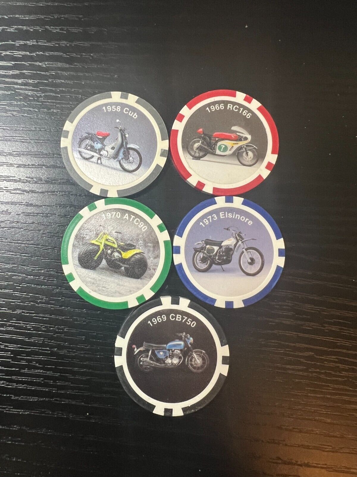 SET OF 5 - Honda Vintage Motorcycle Poker Chips - 10 Gram 58\' Cub 73\'Elsinore
