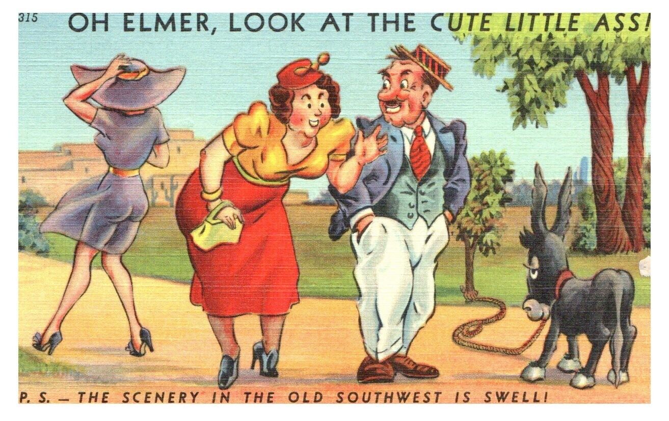 Linen Postcard Risque Comic Humor Oh Elmer Look at the Cute Little Ass Donkey