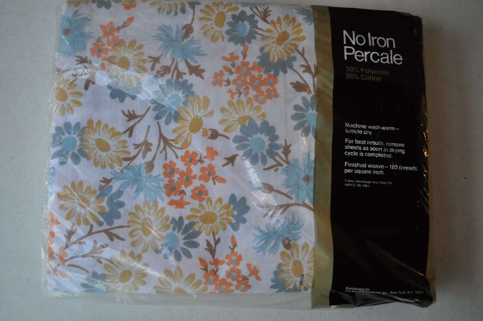 Vintage JC Penney Percale Sheet Twin Size Flat Floral Blue Tan Floral NEW 