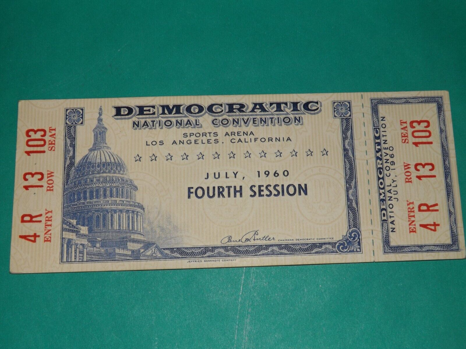 1960 DEMOCRATIC NATIONAL CONVENTION L.A. 4th Session TICKET Kennedy JFK & LBJ zw