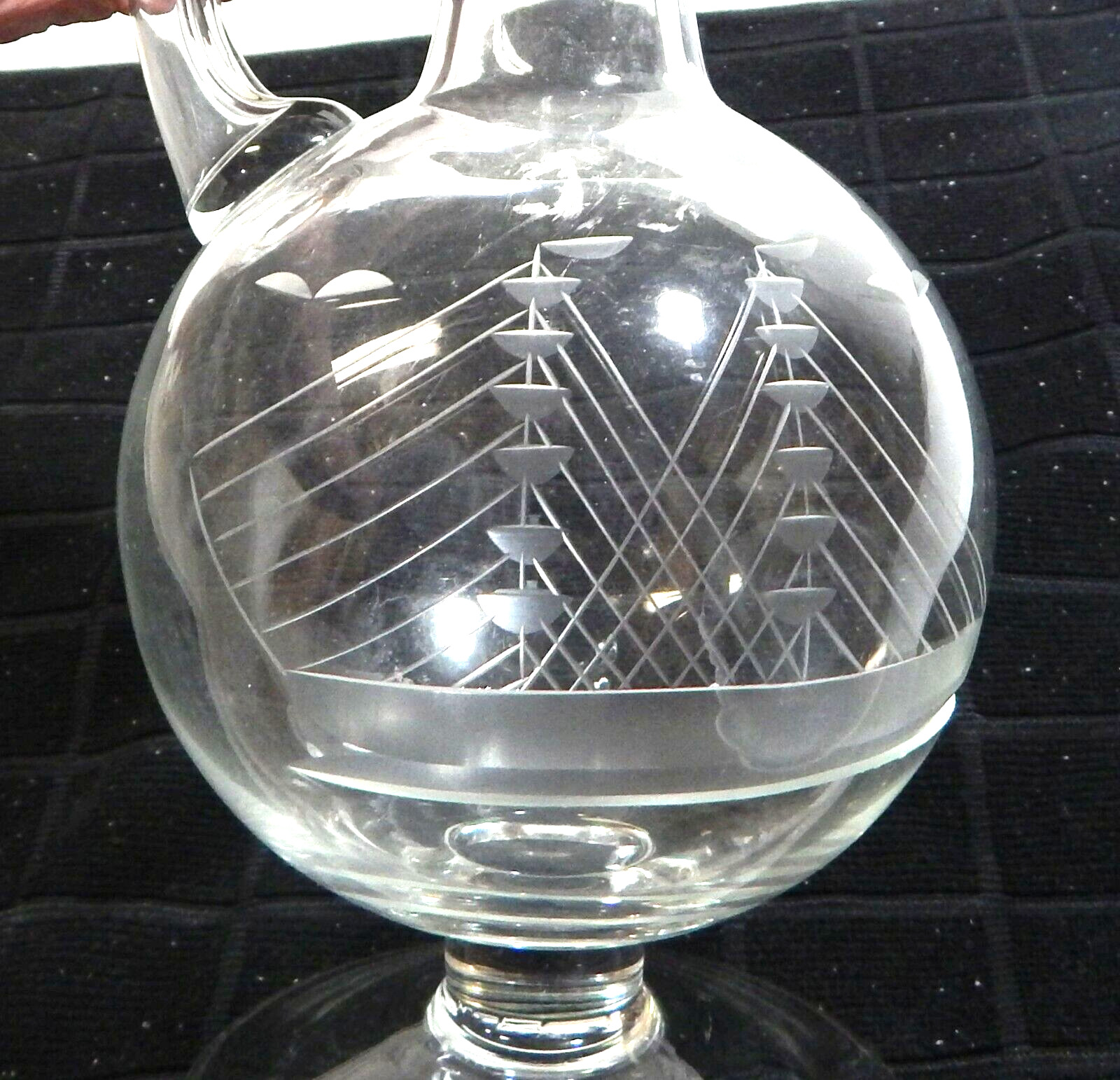 Antique Etched Glass Pitcher Decanter Schooner Clipper Ship Made in Hungary 11\