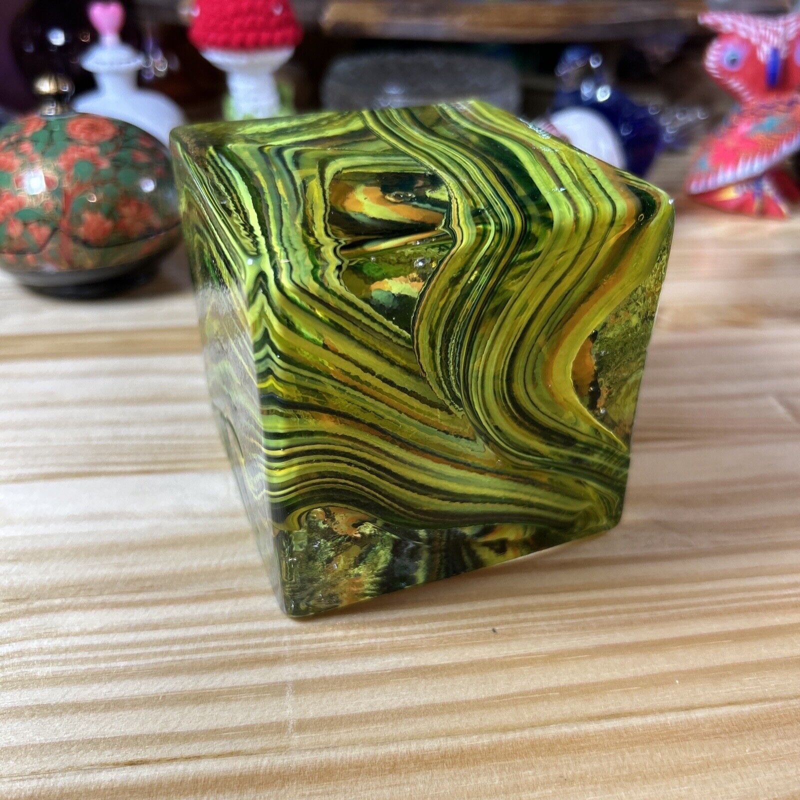 Vintage Solid Art Glass Cube Paperweight MCM Retro Colors