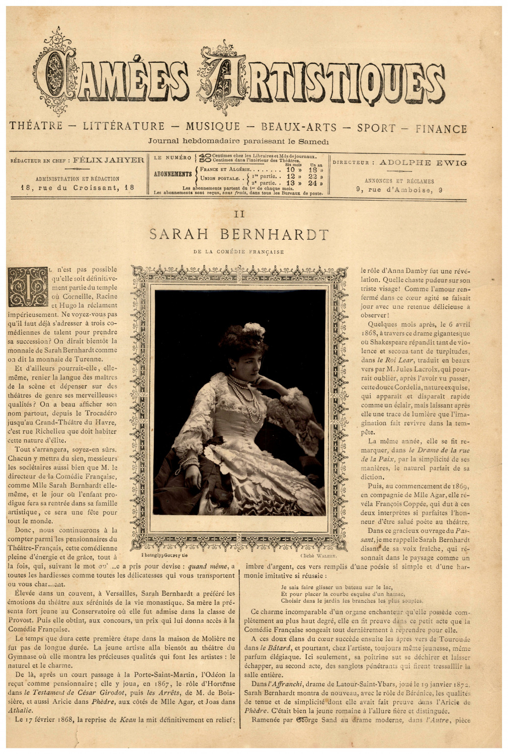 Goupil, Artistic Cameos, Sarah Bernhardt (French Comedy) Vintage pr