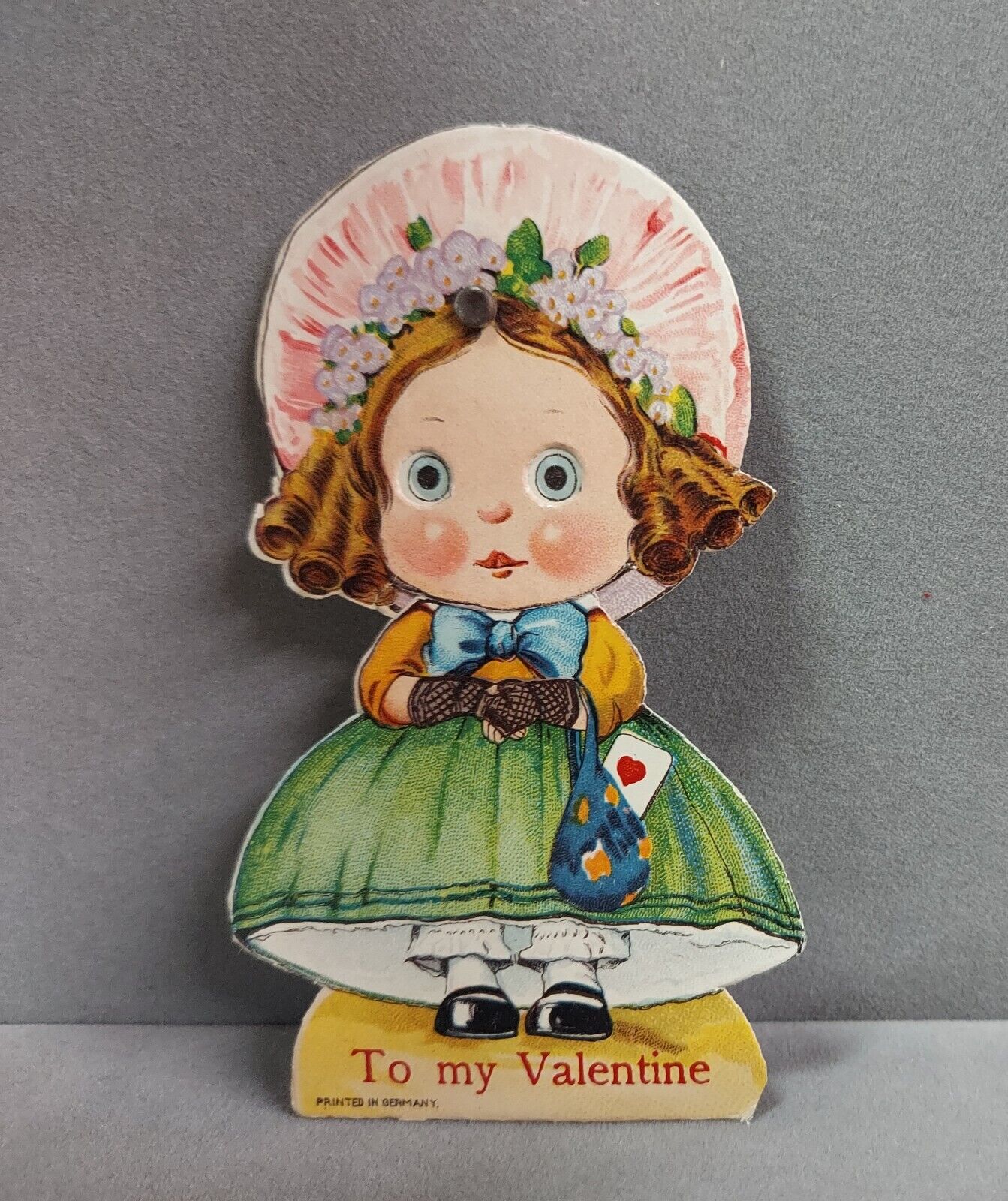 Vintage Die Cut Valentines Card 1940s Girl With Movable Head Shifting Eyes Used