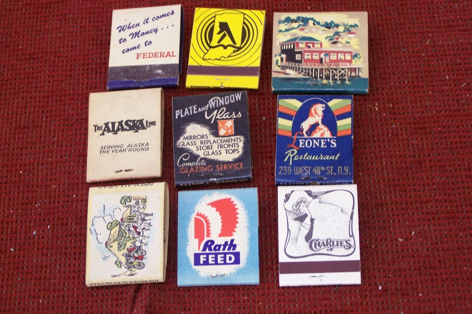 9 Vintage Matchbooks with large, flat matches wih printing & designs on them