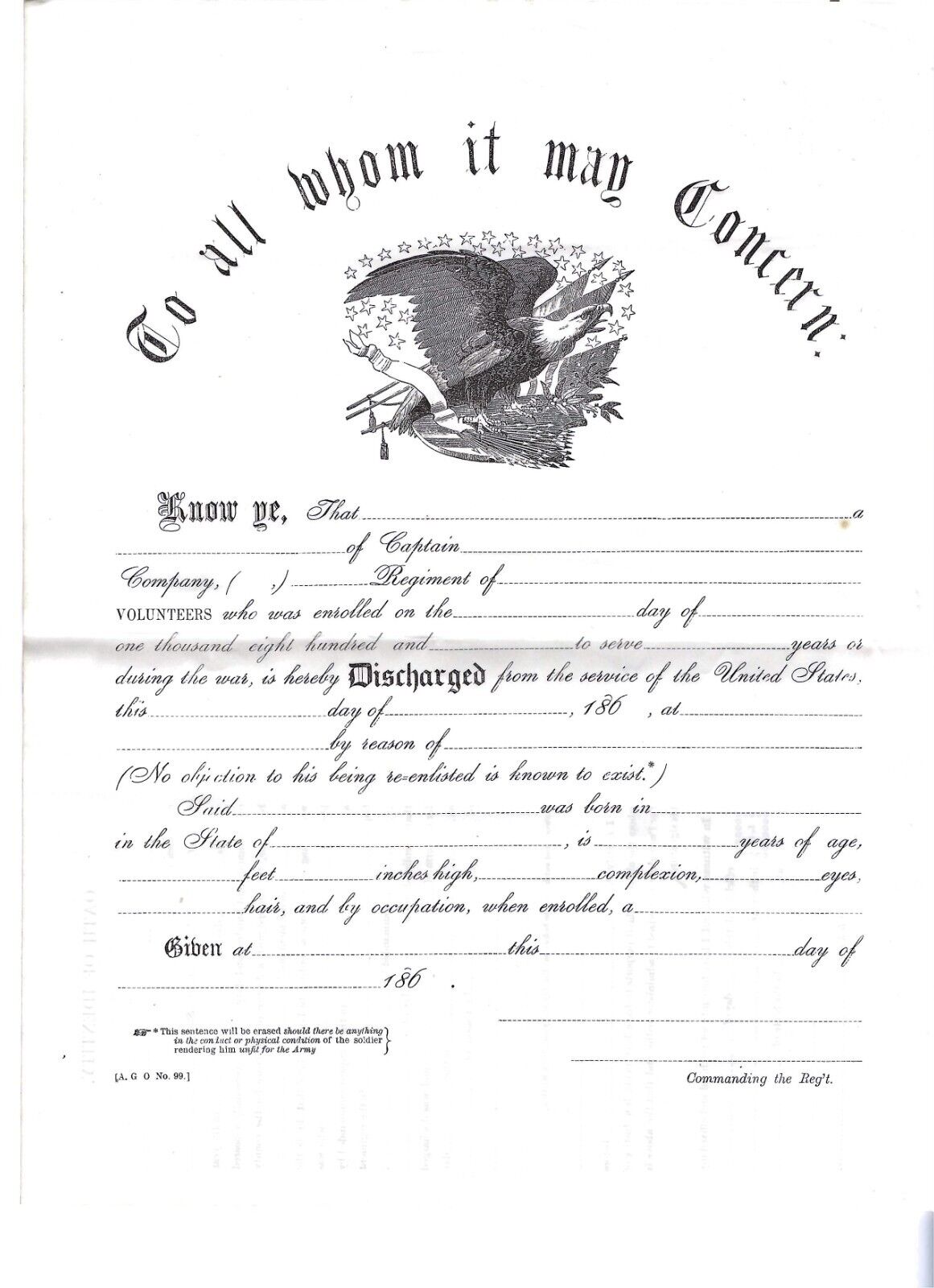 Original Civil War Document Discharge Form, Unused