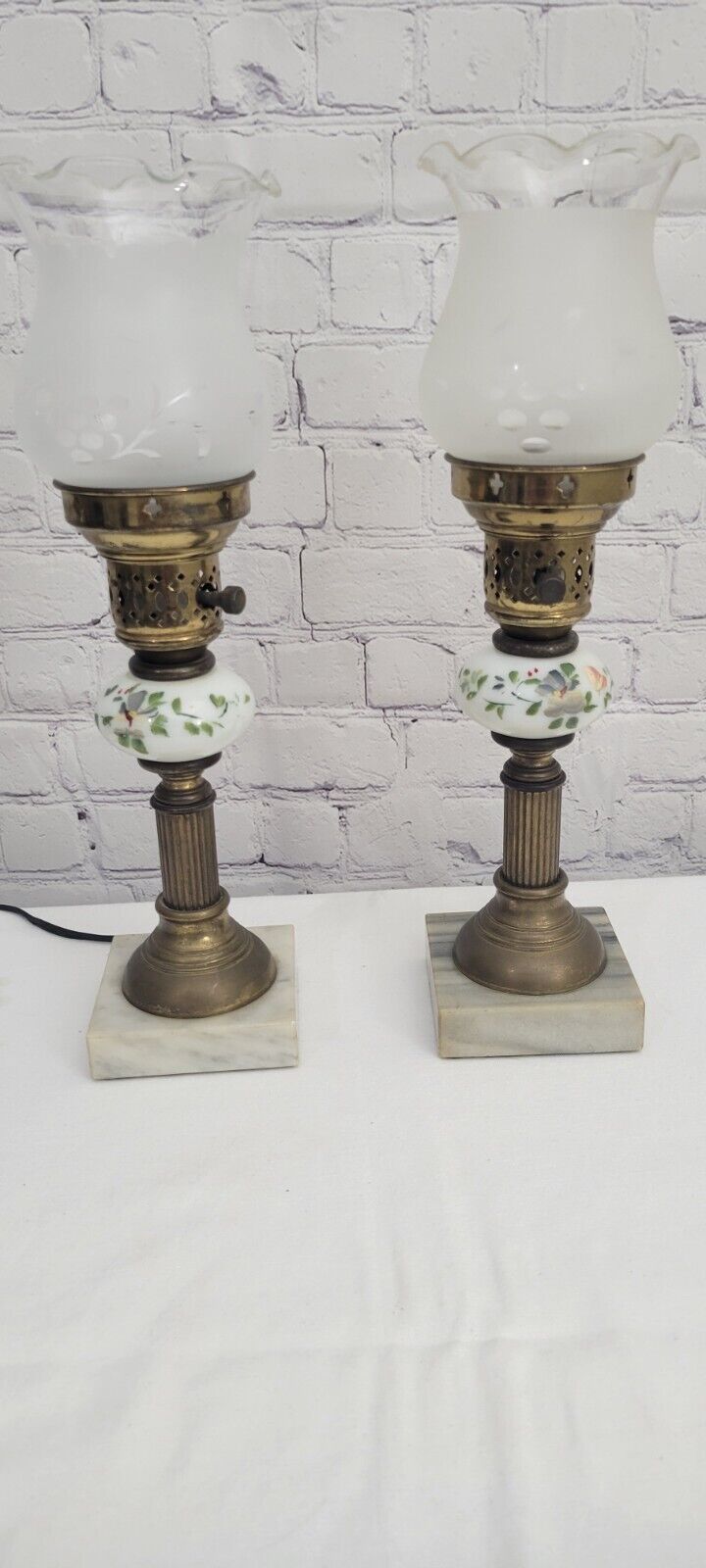 Antique pair of  lamps MCM handpainted Flowers And Ivey White background.  