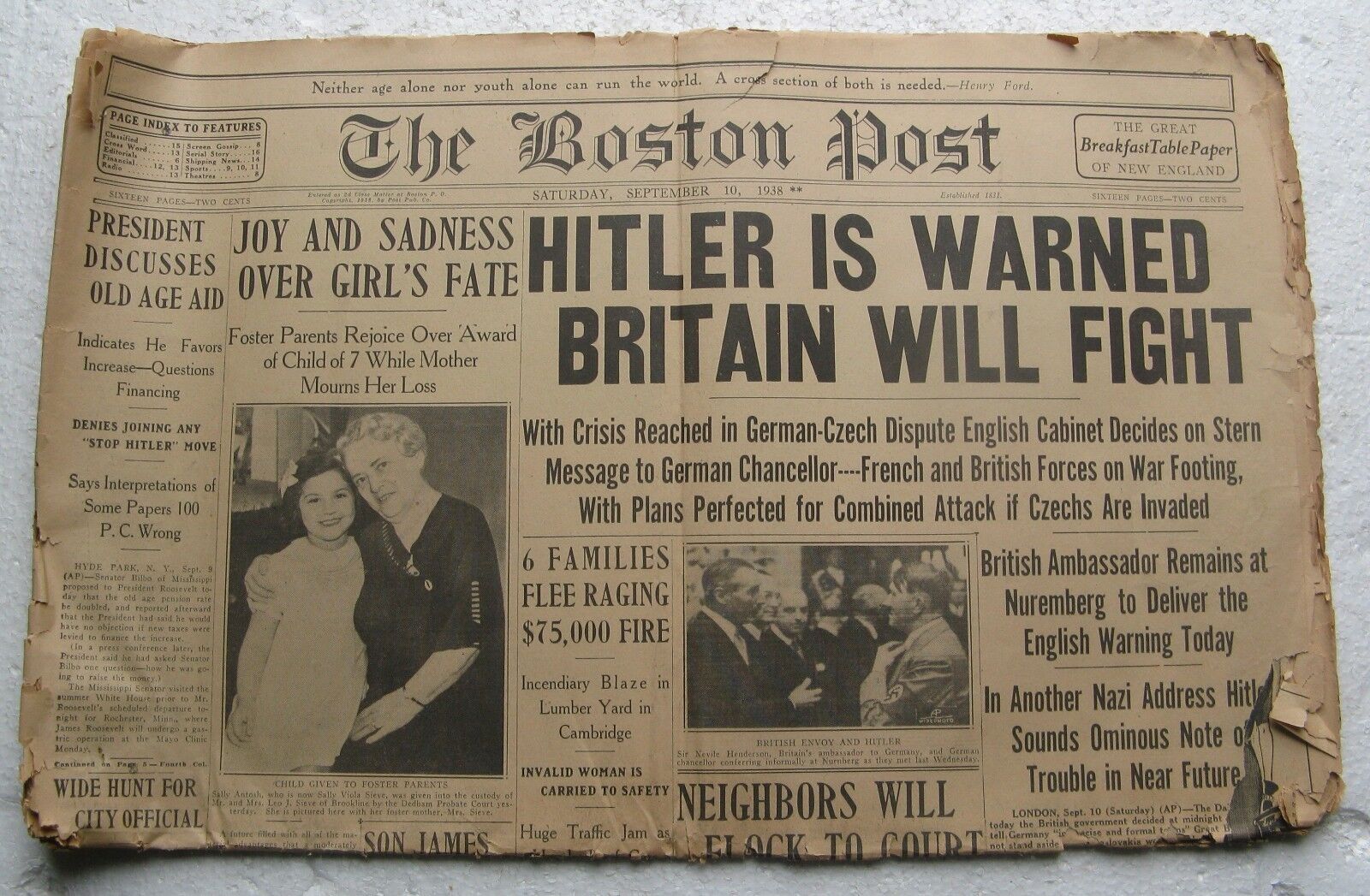 September 10, 1938 Boston Post Newspaper HITLER IS WARNED BRITAIN WILL FIGHT 