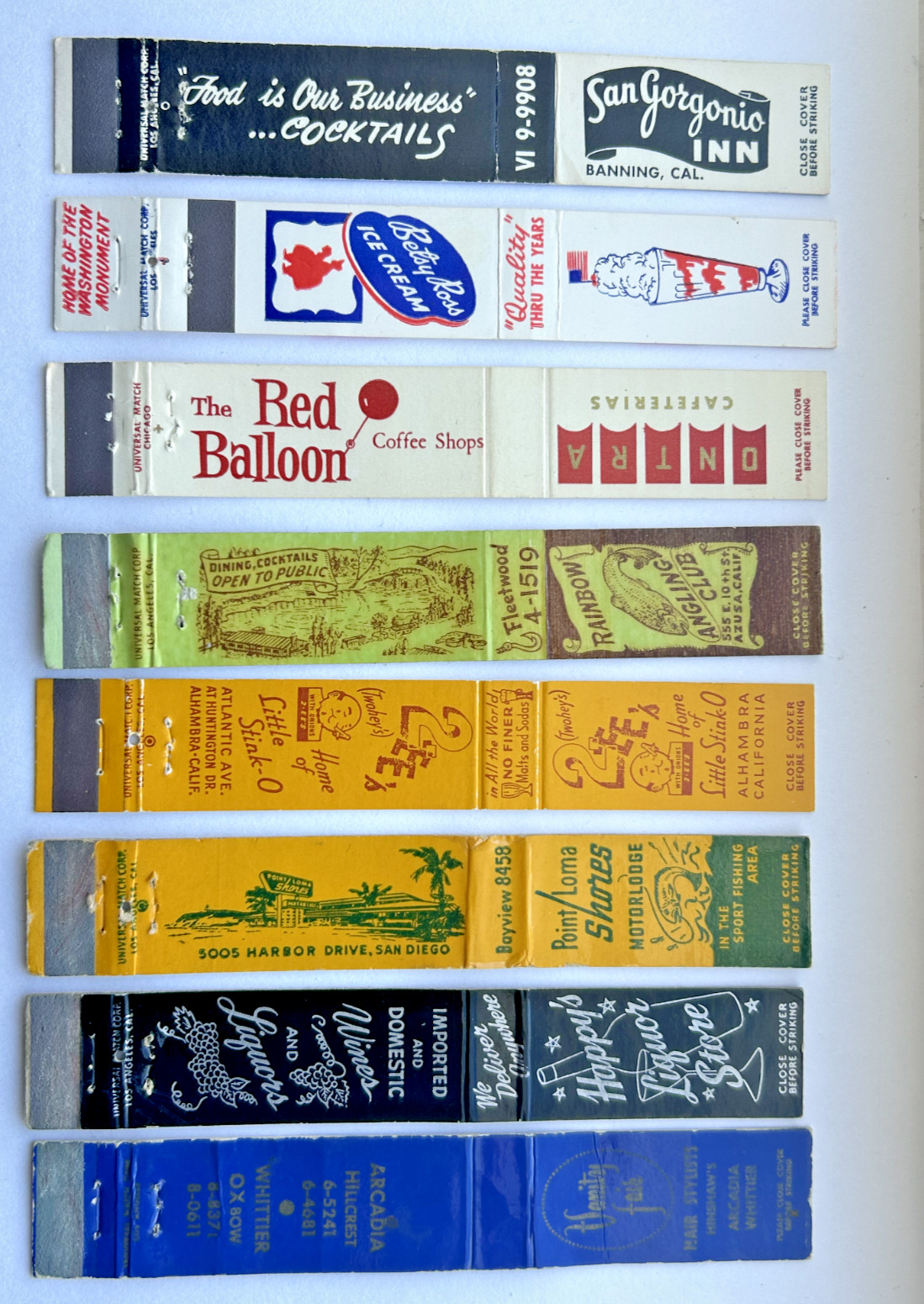 Lot of 8 Vintage Universal TEN-STRIKE Match Books So. California Spots