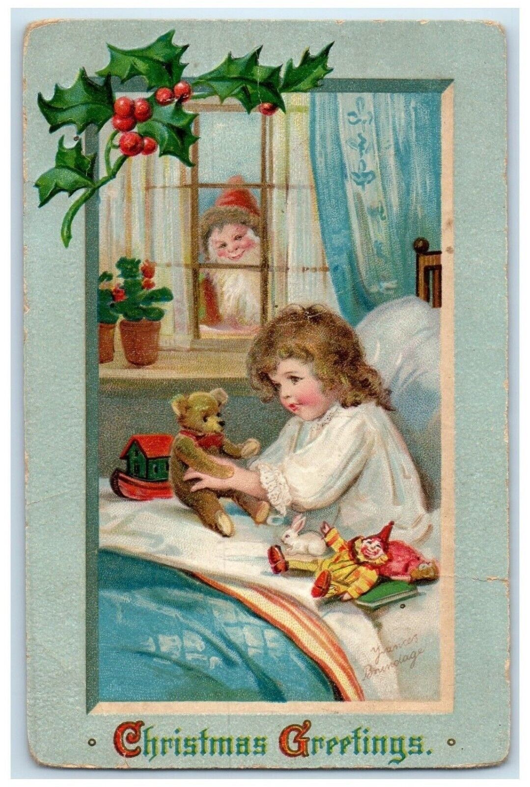 c1910's Christmas Greetings Santa On Window Brundage Embossed Antique Postcard