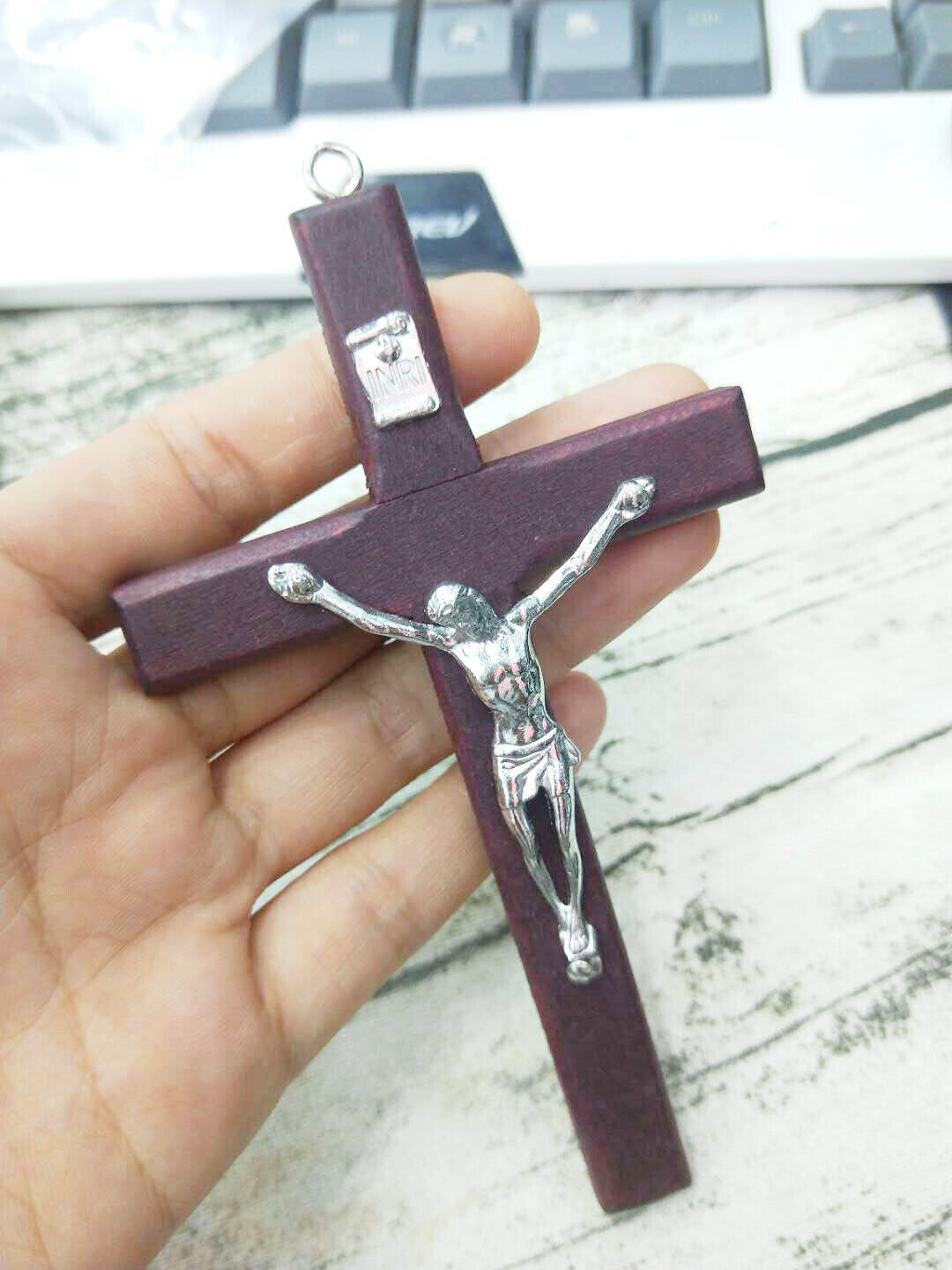 Vintage Wooden Metal Hand Hold Cross Crucifix Holy Religious Carved Christ Brown