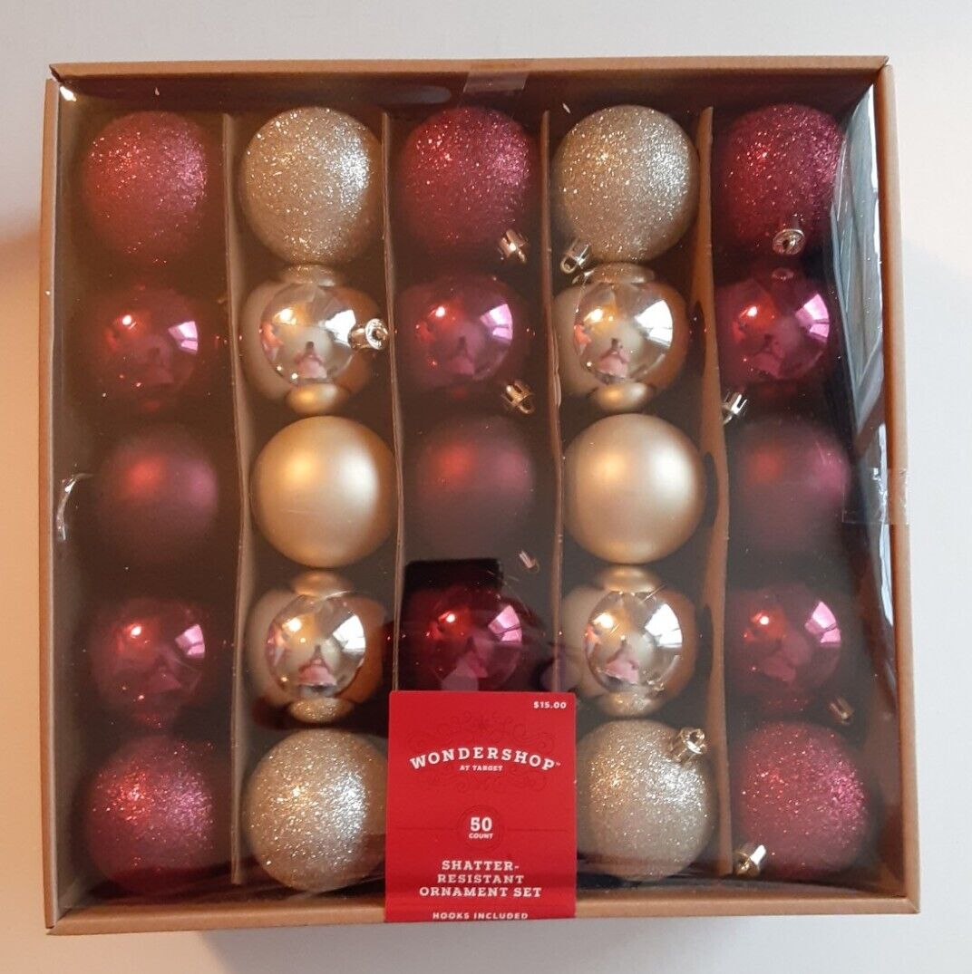 50ct Target Magenta Gold Shatter Resistant Christmas Tree Ornaments Set Pack