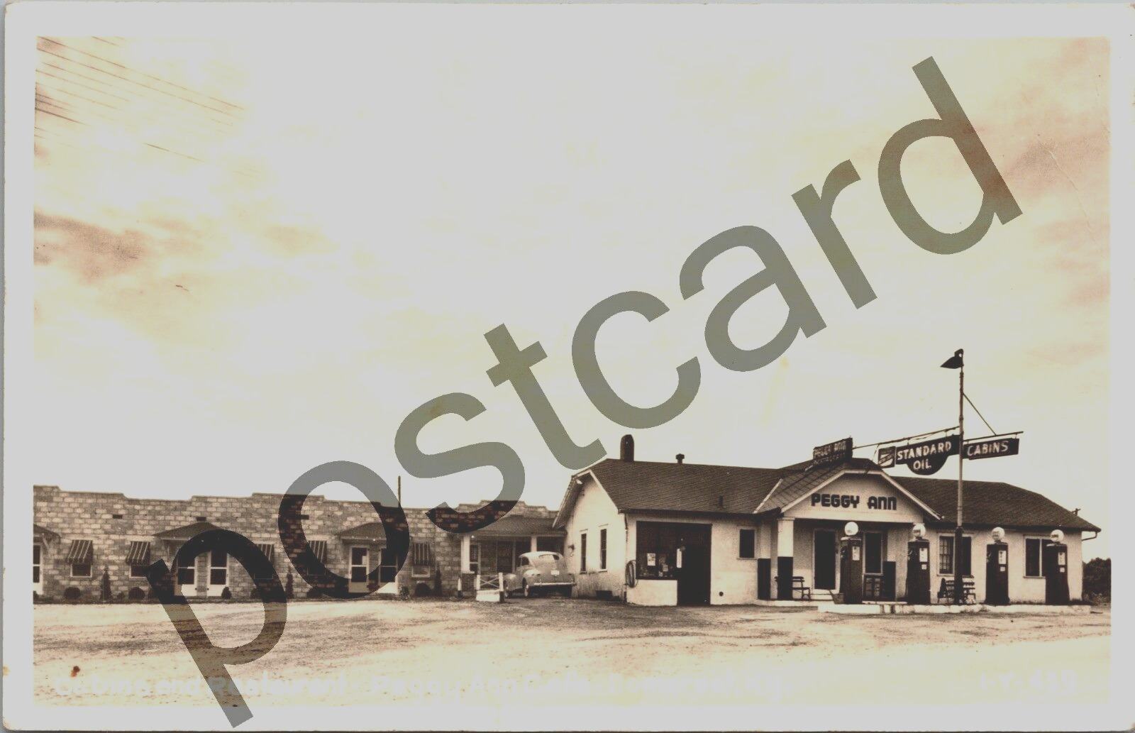 1949 SOMERSET KY, Peggy Ann Cafe, Cabins, Standard Oil, 4 gas pumps, RPPC jj281