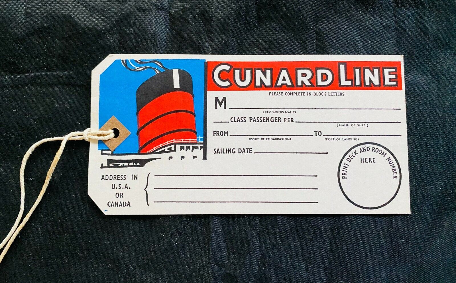 CUNARD LINE Ocean Liner LUGGAGE TRUNK TAG UNUSED RARE 1940's MINT