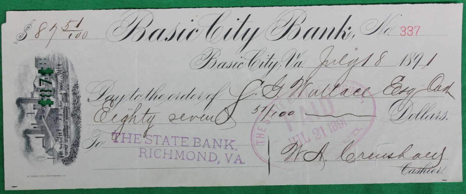 Original 1891 Basic City Bank Virginia Cancelled Check w/Railroad Vignette