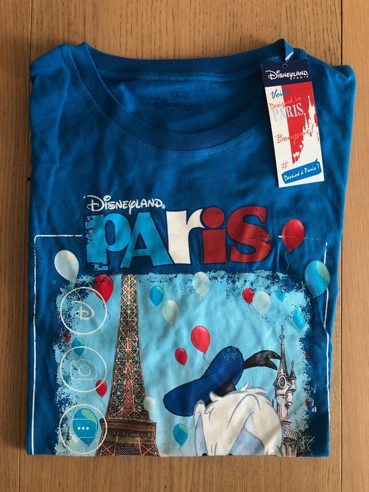 Disneyland Paris Donald Duck Cotton Blue Short Sleeve T-Shirt Large New w/ Tag