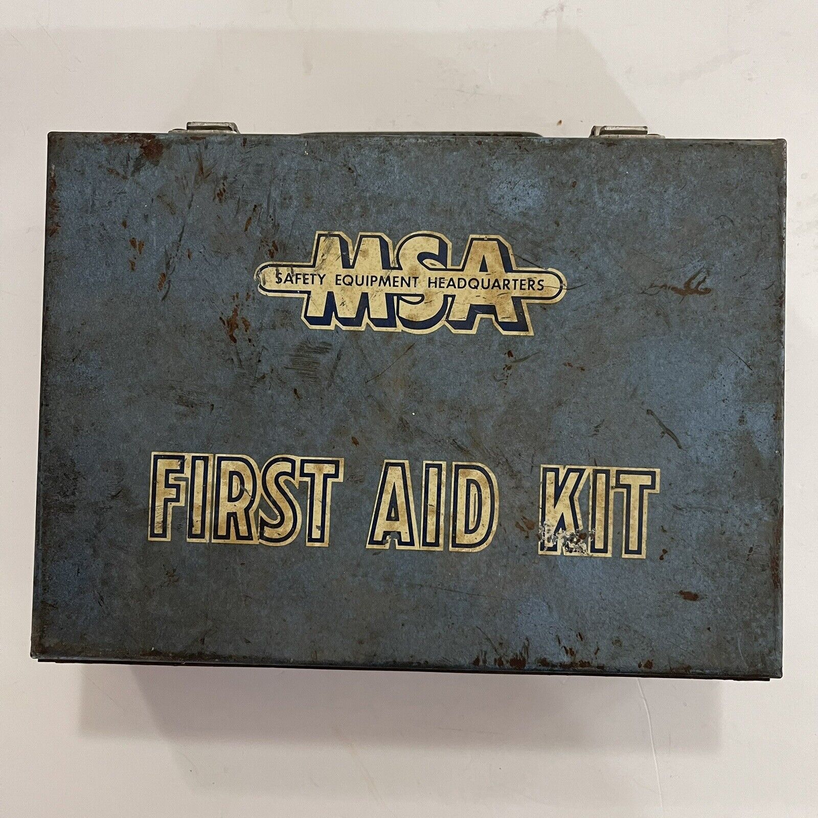 Vintage MSA First Aid Kit metal box blue some contents inside 