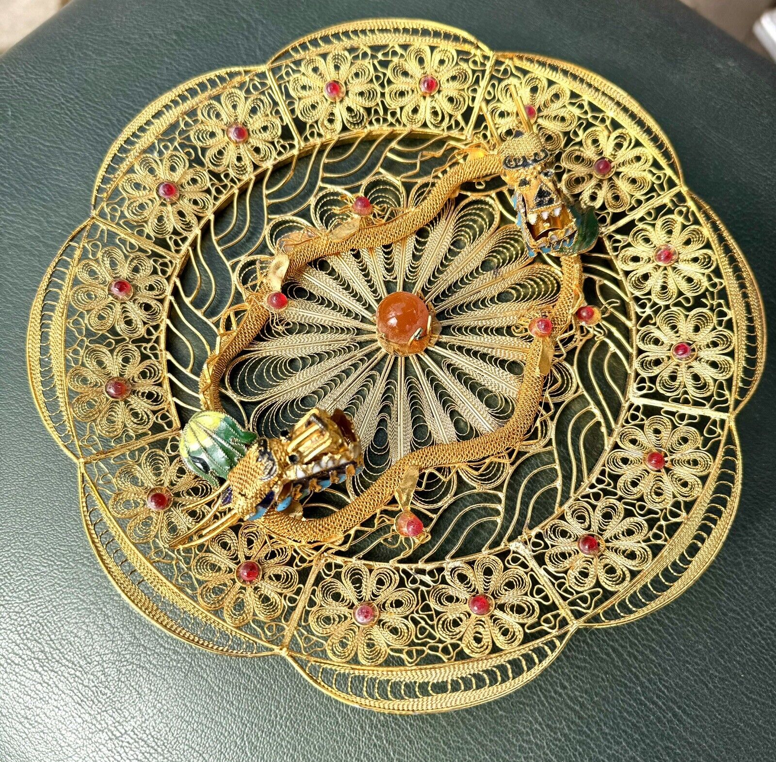 Chinese Filigree Cloisonne Double Dragon Plate Gold 3D Enamel Feng Shui Lucky
