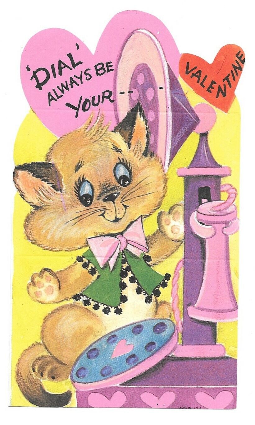 Vintage Valentines Day Card Kitten Cat With Antique Candlestick Telephone