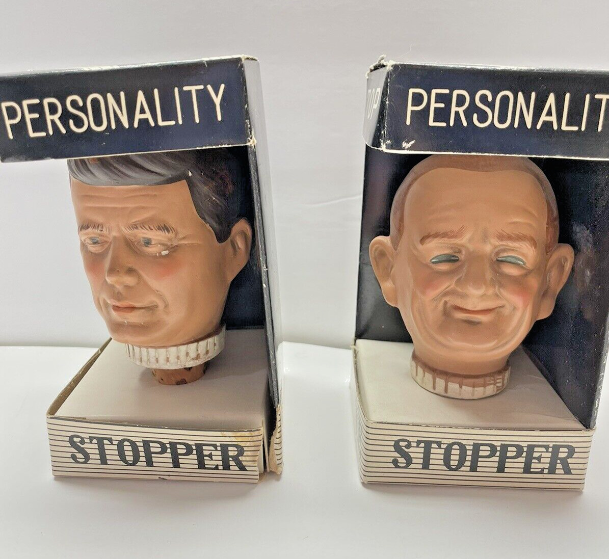 President John F. Kennedy & LBJ Bottle Stoppers / Wine Corks - With boxes - Rare