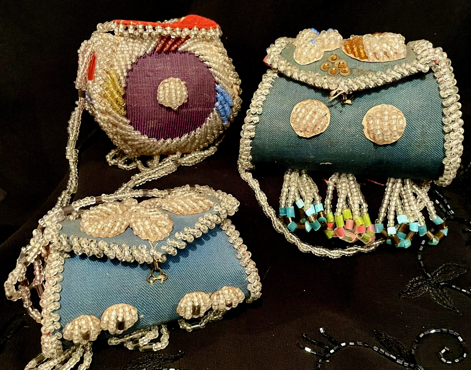 3 Antique Iroquois American Indian Handmade/Handbeaded Victorian Era Bags