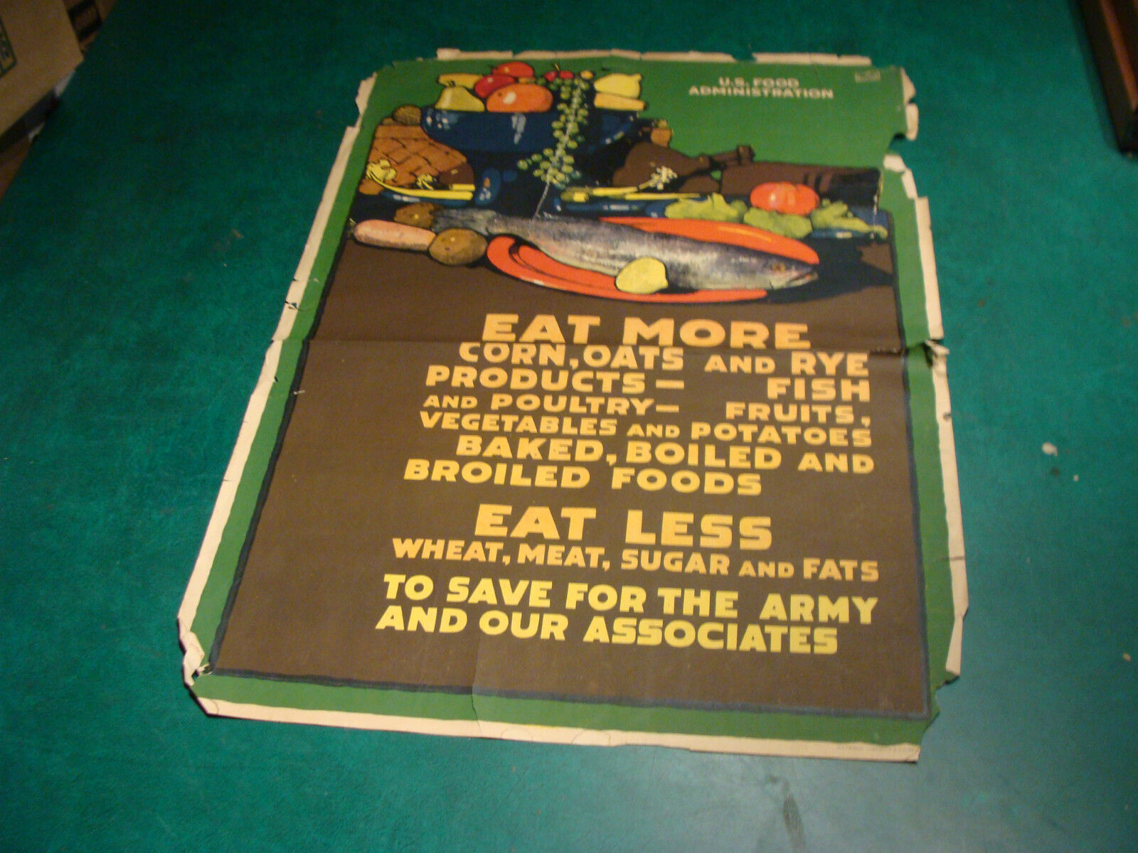 Original WWI Poster: EAT MORE corn oats & rye, fish & poultry, GREAT COLOR, Torn