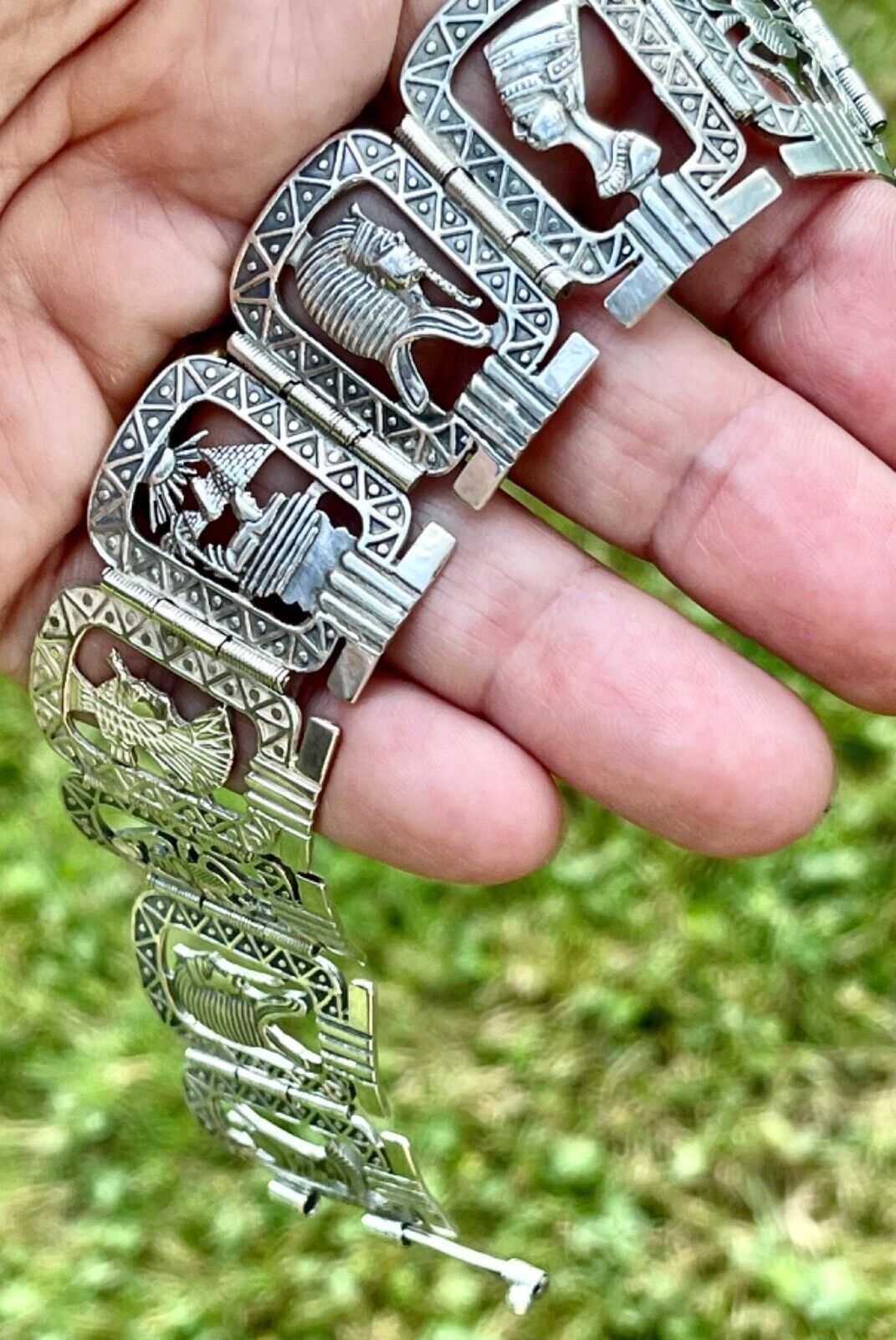 Stunning Egyptian Made Vintage HEAVY Solid Silver 9 Panel “Ancients” Bracelet
