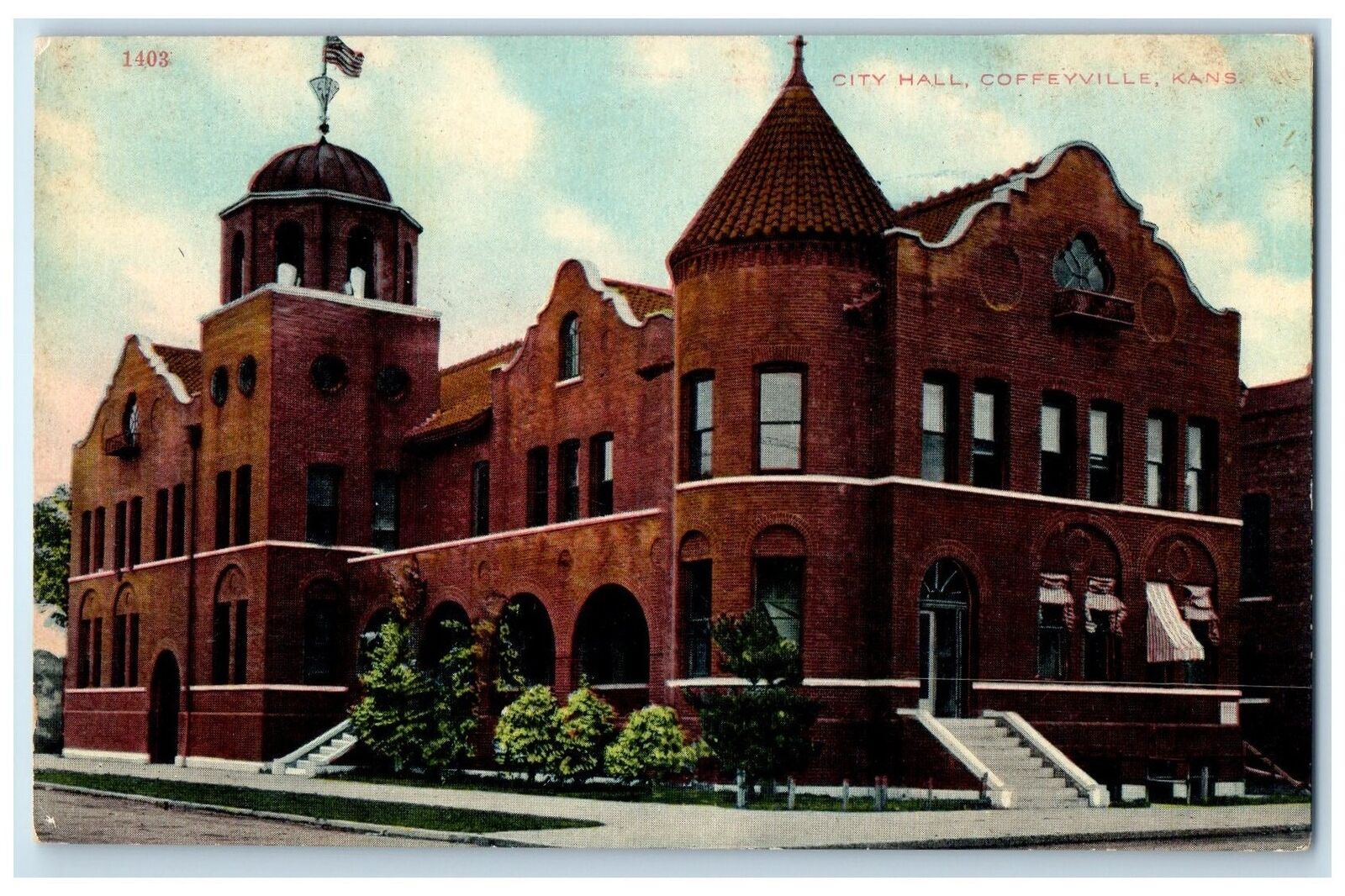 c1950\'s City Hall Building Stairs Entrance Dirt Road Coffeyville Kansas Postcard