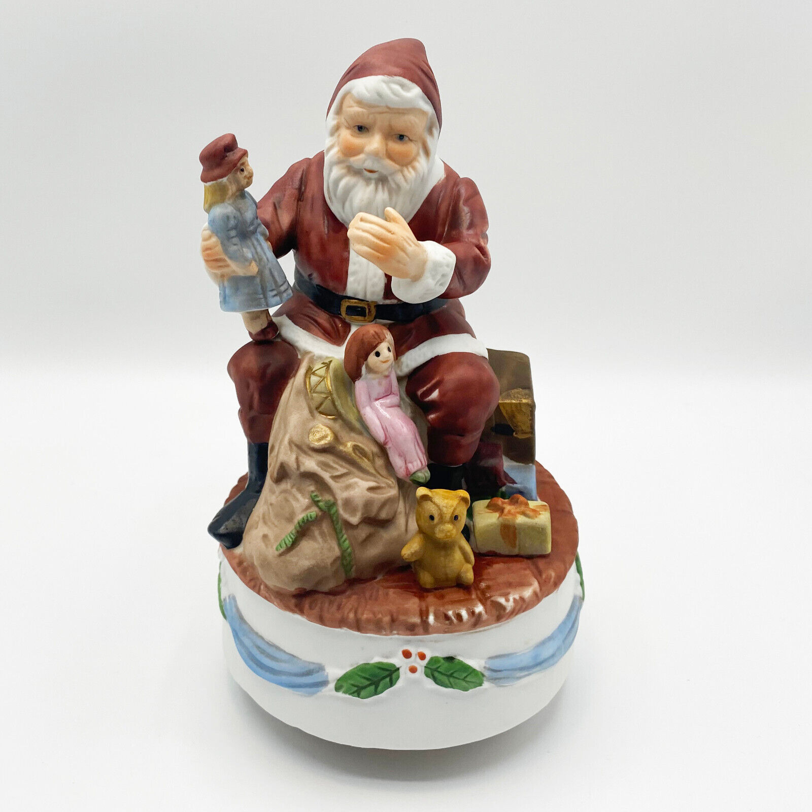 Vintage Music Box Santa in Red Suit Holding Toy Dolls - Plays \